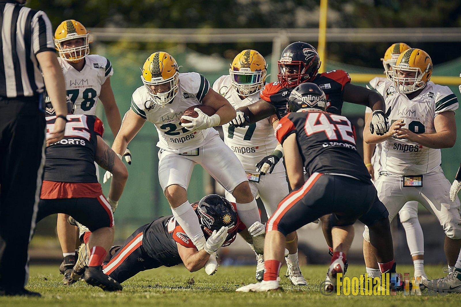 Spiel der GFL Season 2022 Düsseldorf Panther vs. Cologne Crocodiles am 20.08.2022 im Stadion VfL Benrath, Karl-Hohmann-Straße 70, 40597 Düsseldorf, Punkte Endstand 07 : 49.
[Bildnummer: 2022-08-20_0081] - DPantherVsCologneCrocodiles