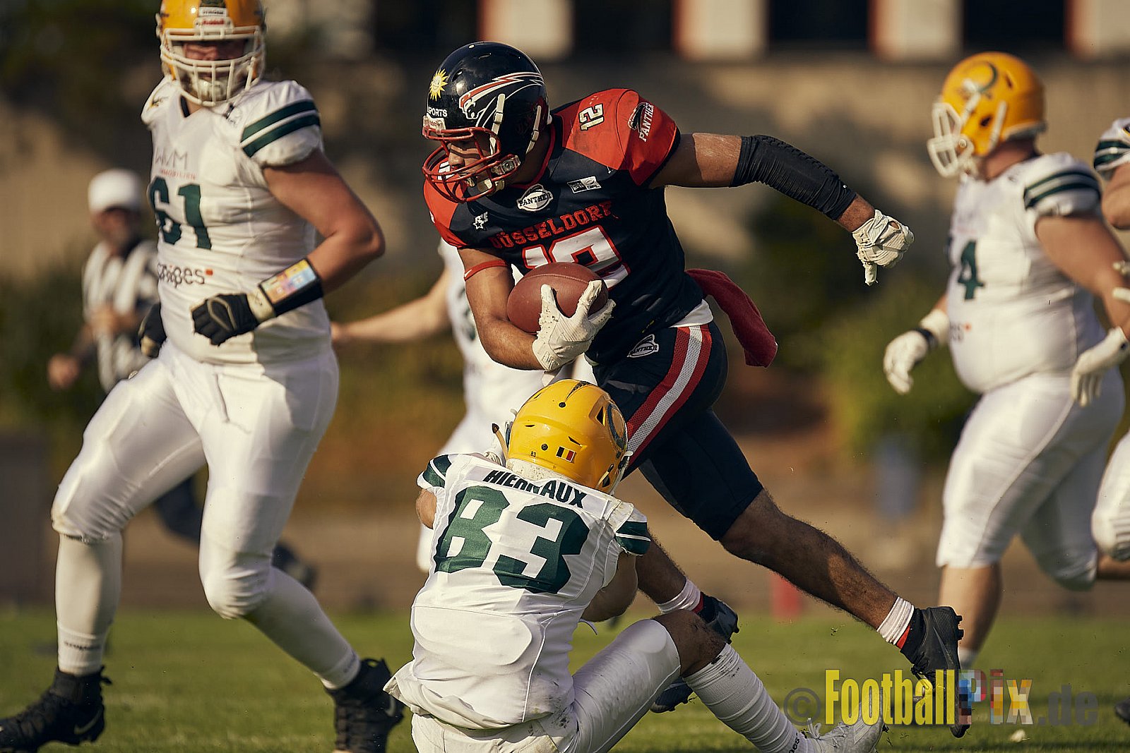 Spiel der GFL Season 2022 Düsseldorf Panther vs. Cologne Crocodiles am 20.08.2022 im Stadion VfL Benrath, Karl-Hohmann-Straße 70, 40597 Düsseldorf, Punkte Endstand 07 : 49.
[Bildnummer: 2022-08-20_0210] - DPantherVsCologneCrocodiles