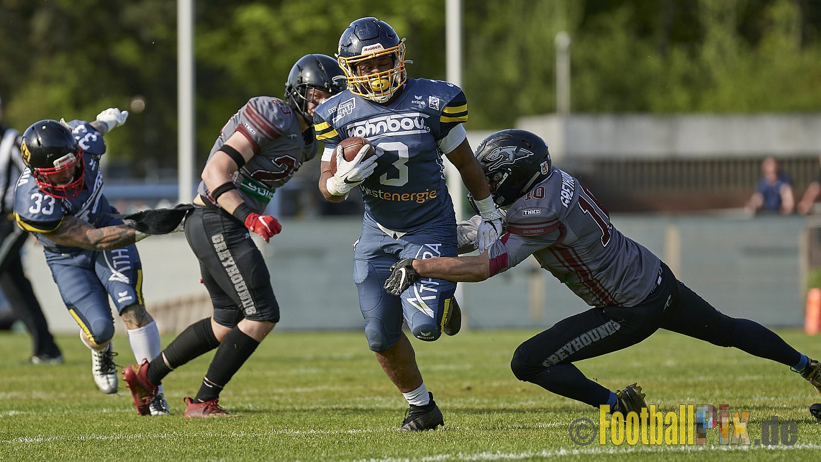 AFCV Regionalliga Season 2023 Essen Assindia Cardinals vs. Wuppertal Greyhounds am 30.04.2023 im Stadion Stadion am Hallo, Hallostraße 50, 45141 Essen, Punkte Endstand 12 : 27.
[2023-04-30_0400] - EssenAssindiaCardinalsVsWuppertalGreyhounds