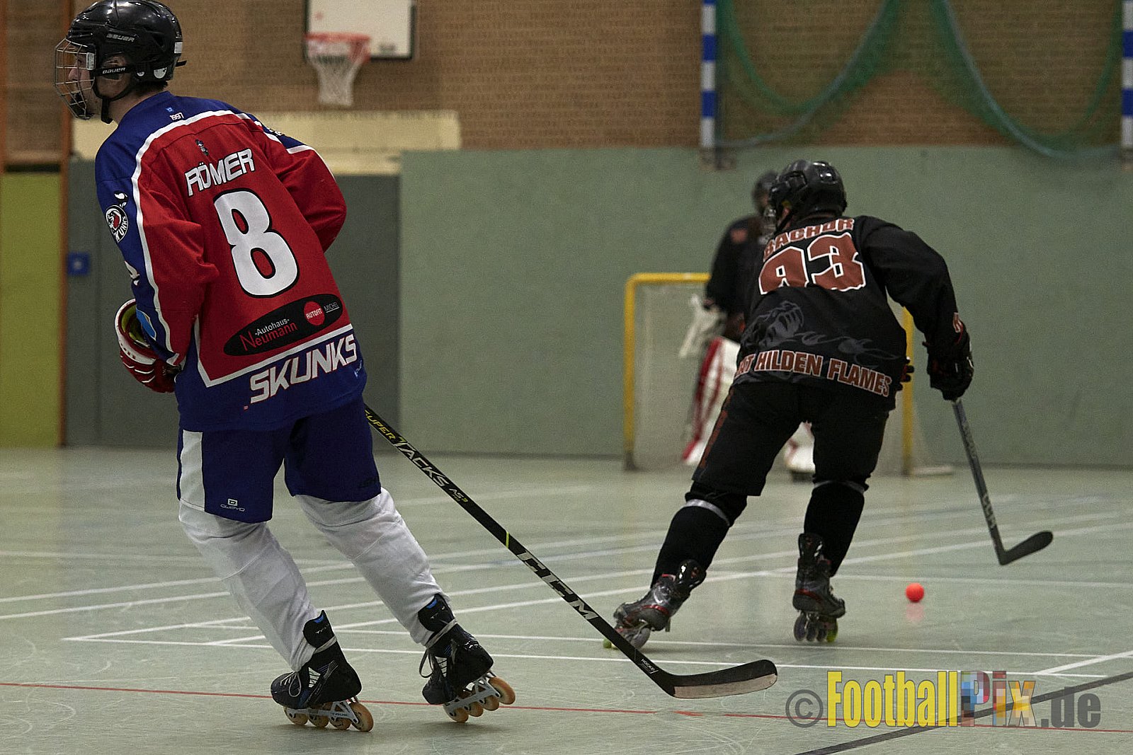 ISHD Inliner Hockey LLR Monheim Skunks I vs. Hilden Flames II am 14.05.2023 im Stadion Sporthalle Sandberg, Falkenstr., 40789 Monheim, Punkte Endstand 9 : 8. - IshdMonheimSkunksVsHildenFlames2