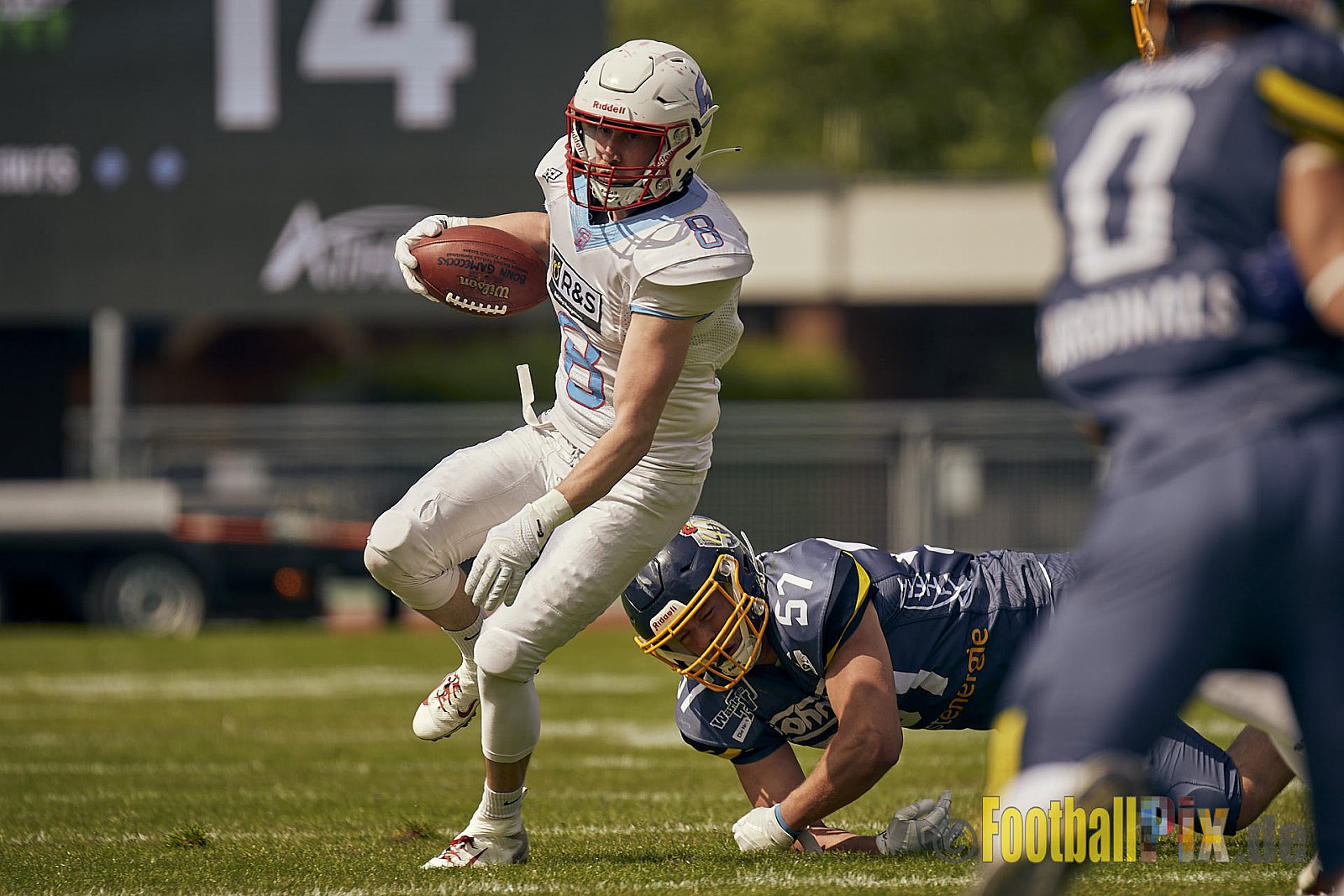 AFCV Regionalliga Season 2023 Essen Assindia Cardinals vs. Bonn Gamecocks am 21.05.2023 im Stadion am Hallo, Hallostraße 50, 45141 Essen, Punkte Endstand: 20 : 28
[Bildnummer: 2023-05-21_0197] - EssenAssindiaCardinalsVsBonnGamecocks
