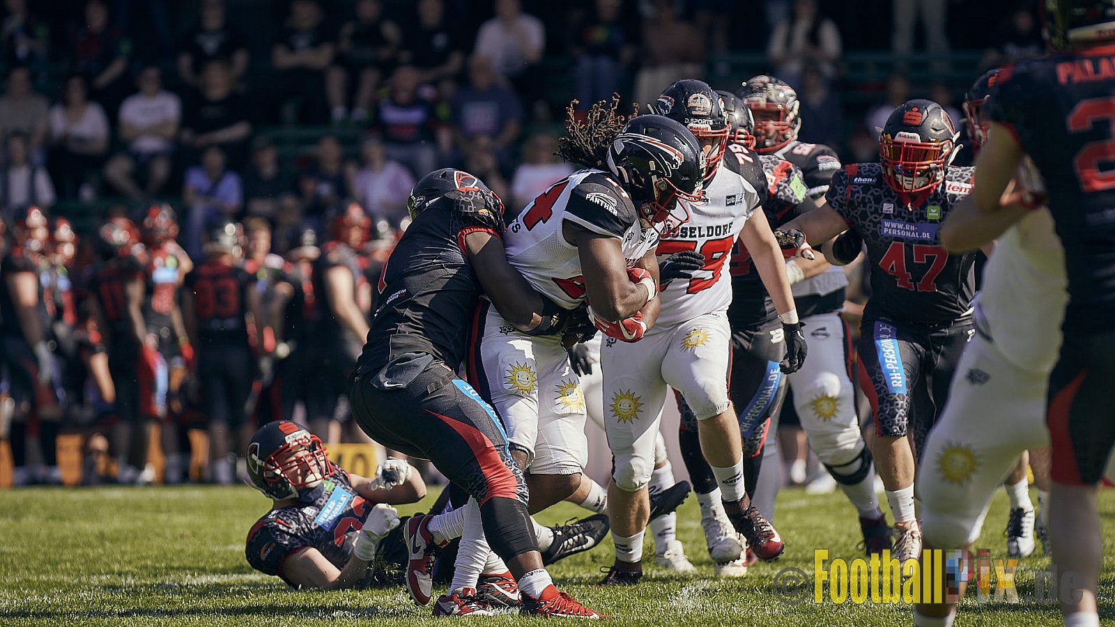 GFL2 Season 2023 Solingen Paladins vs. Düsseldorf Panther am 27.05.2023 im Stadion Jahnkampfbahn Solingen, Adolf-Clarenbach-Straße 36, 42719 Solingen. Punkte Endstand 20 : 21.
[Bildnummer: 2023-05-27_0044] - SolingenPaladinsVsDPanther
