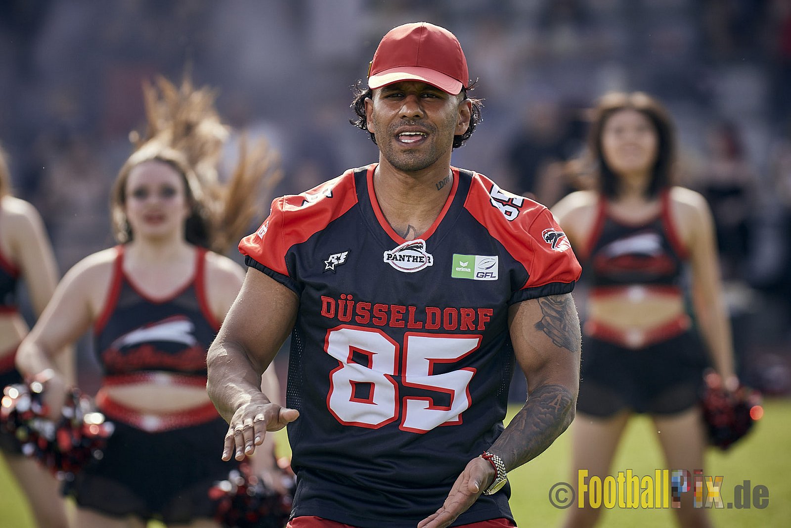 Spiel der GFL2 Season 2023 Düsseldorf Panther vs. Rostock Griffins am 17.06.2023 im Stadion VfL Benrath, Karl-Hohmann-Straße 70, 40597 Düsseldorf. Punkte Endstand 46 : 26. 
Bildnummer: 2023-06-17_0296 - DPantherVsRostockGriffins