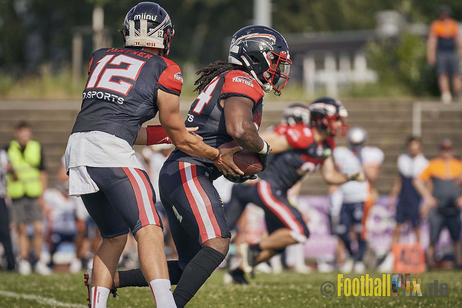 Spiel der GFL2 Season 2023 Düsseldorf Panther vs. Rostock Griffins am 17.06.2023 im Stadion VfL Benrath, Karl-Hohmann-Straße 70, 40597 Düsseldorf. Punkte Endstand 46 : 26. 
Bildnummer: 2023-06-17_0318 - DPantherVsRostockGriffins