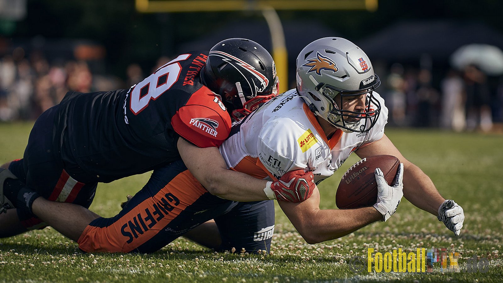 Spiel der GFL2 Season 2023 Düsseldorf Panther vs. Rostock Griffins am 17.06.2023 im Stadion VfL Benrath, Karl-Hohmann-Straße 70, 40597 Düsseldorf. Punkte Endstand 46 : 26. 
Bildnummer: 2023-06-17_0358 - DPantherVsRostockGriffins