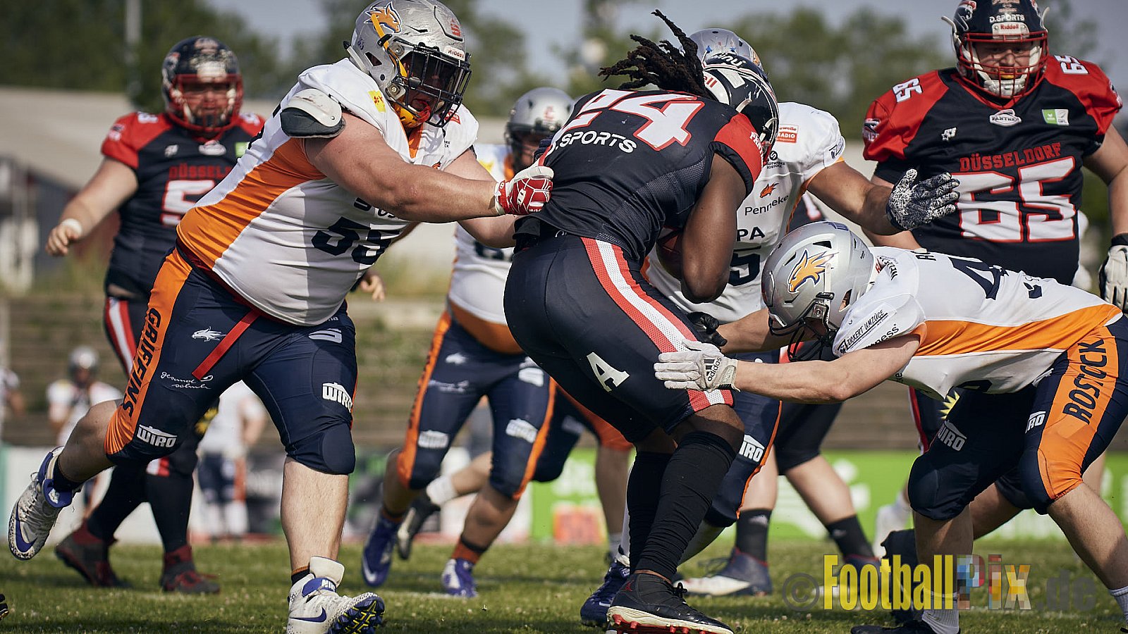 Spiel der GFL2 Season 2023 Düsseldorf Panther vs. Rostock Griffins am 17.06.2023 im Stadion VfL Benrath, Karl-Hohmann-Straße 70, 40597 Düsseldorf. Punkte Endstand 46 : 26. 
Bildnummer: 2023-06-17_0367 - DPantherVsRostockGriffins