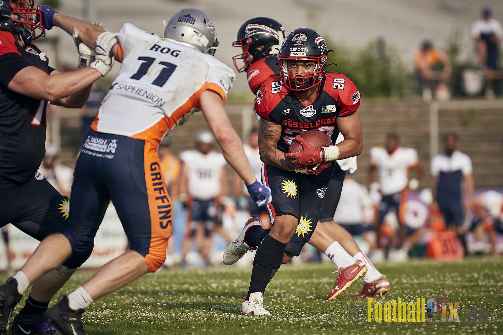 Spiel der GFL2 Season 2023 Düsseldorf Panther vs. Rostock Griffins am 17.06.2023 im Stadion VfL Benrath, Karl-Hohmann-Straße 70, 40597 Düsseldorf. Punkte Endstand 46 : 26. 
Bildnummer: 2023-06-17_0489 - DPantherVsRostockGriffins