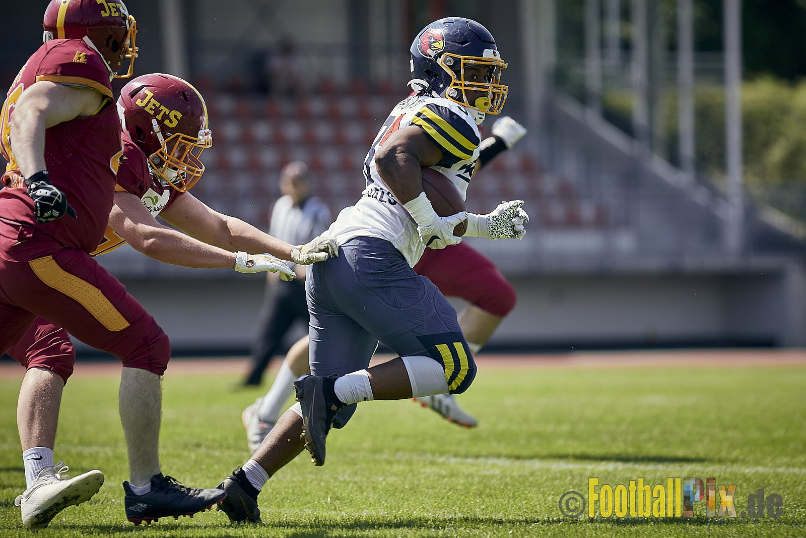 AFCV NRW Regionalliga Season 2023 Essen Assindia Cardinals vs. Troisdorf Jets am 25.06.2023 im Stadion Stadion am Hallo, Hallostraße 50, 45141 Essen. Punkte Endstand 20 : 35. 
Bildnummer: 2023-06-25_0260 - EssenAssindiaCardinalsVsTroisdorfJets