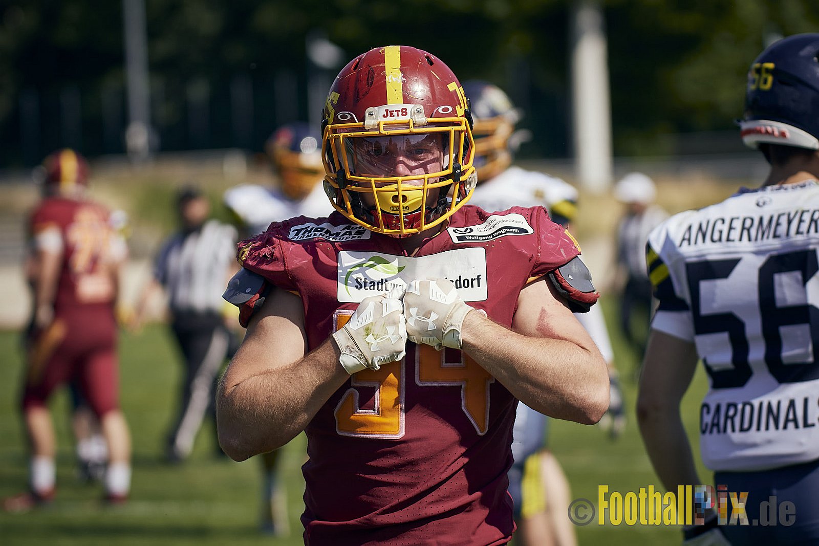 AFCV NRW Regionalliga Season 2023 Essen Assindia Cardinals vs. Troisdorf Jets am 25.06.2023 im Stadion Stadion am Hallo, Hallostraße 50, 45141 Essen. Punkte Endstand 20 : 35. 
Bildnummer: 2023-06-25_0459 - EssenAssindiaCardinalsVsTroisdorfJets