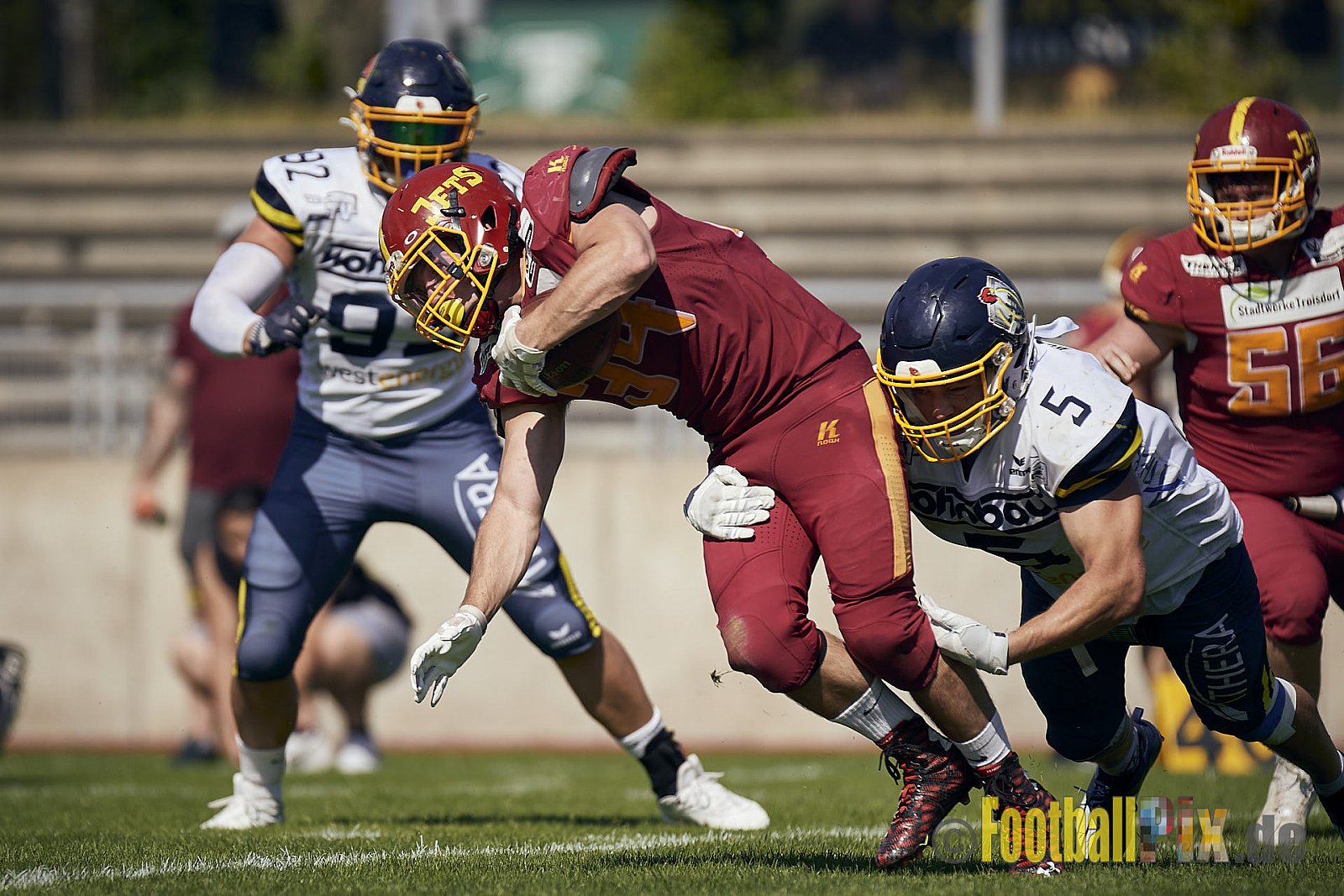 AFCV NRW Regionalliga Season 2023 Essen Assindia Cardinals vs. Troisdorf Jets am 25.06.2023 im Stadion Stadion am Hallo, Hallostraße 50, 45141 Essen. Punkte Endstand 20 : 35. 
Bildnummer: 2023-06-25_0500 - EssenAssindiaCardinalsVsTroisdorfJets