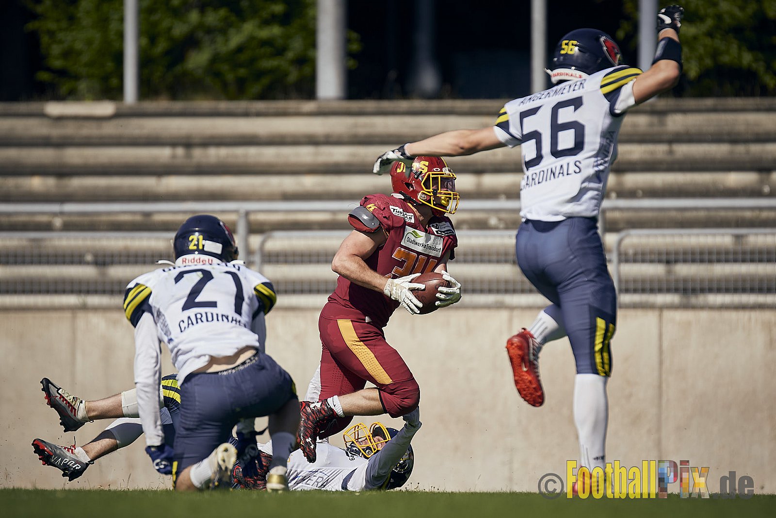 AFCV NRW Regionalliga Season 2023 Essen Assindia Cardinals vs. Troisdorf Jets am 25.06.2023 im Stadion Stadion am Hallo, Hallostraße 50, 45141 Essen. Punkte Endstand 20 : 35. 
Bildnummer: 2023-06-25_0573 - EssenAssindiaCardinalsVsTroisdorfJets