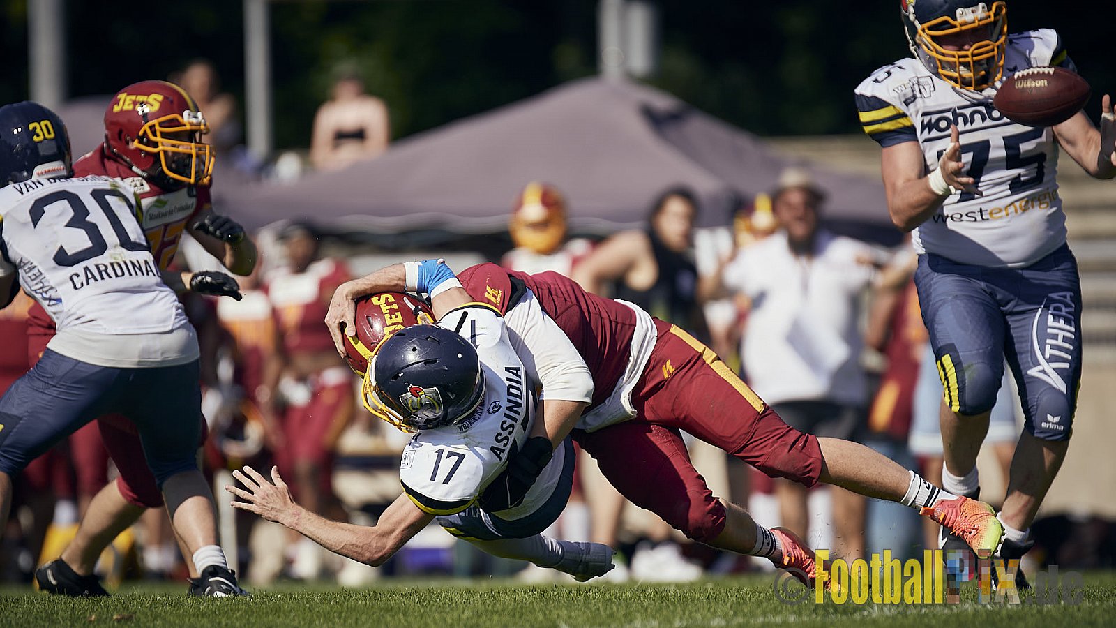 AFCV NRW Regionalliga Season 2023 Essen Assindia Cardinals vs. Troisdorf Jets am 25.06.2023 im Stadion Stadion am Hallo, Hallostraße 50, 45141 Essen. Punkte Endstand 20 : 35. 
Bildnummer: 2023-06-25_0616 - EssenAssindiaCardinalsVsTroisdorfJets