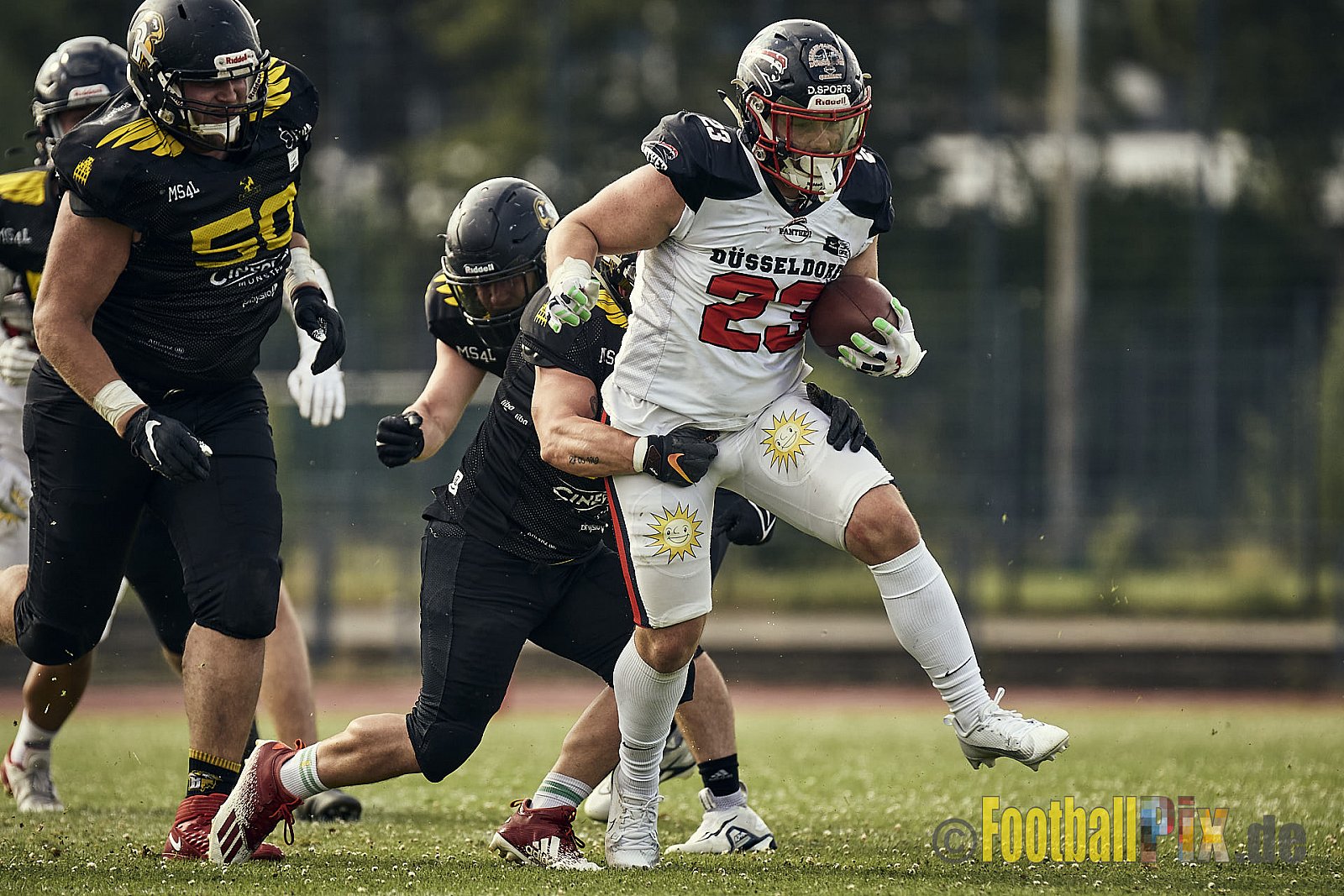 Spiel der GFL2 Season 2023 Düsseldorf Panther vs. Münster Blackhawks am 08.07.2023 im Stadion VfL Benrath, Karl-Hohmann-Straße 70, 40597 Düsseldorf. Punkte Endstand 39 : 0. 
Bildnummer: 2023-07-08_0319 - DPantherVsMsBlackhawks