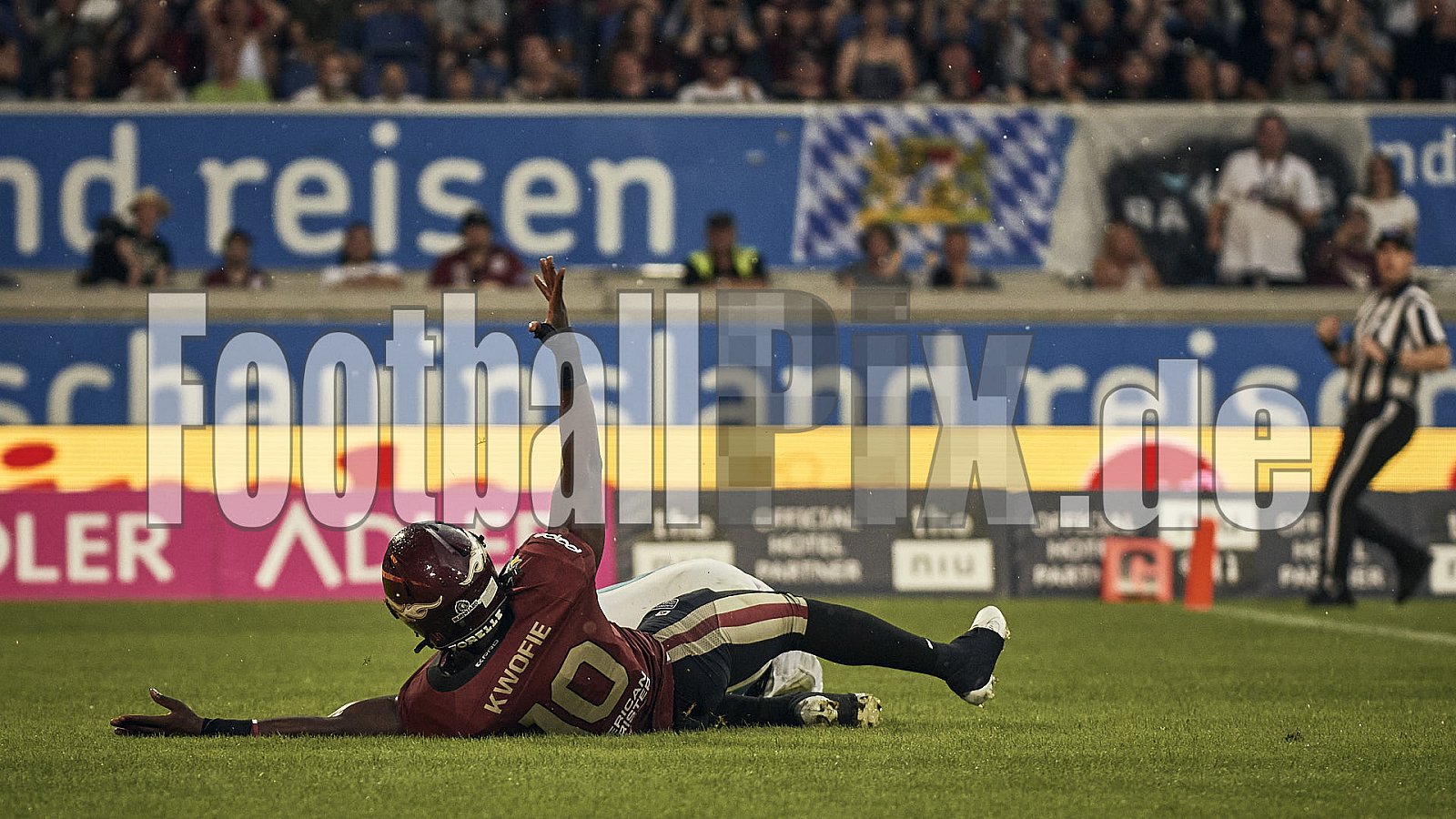 Die 6.Spielwoche der European League of Football (ELF) Season 2023 Rhein Fire vs. Munich Ravens am 09.07.2023 im Stadion Schauinsland-Reisen-Arena, Margaretenstraße 5-7, 47055 Duisburg. Punkte Endstand 39 : 25. 
Bildnummer: 2023-07-09_0411 - ELF MunichRavens@RheinFire