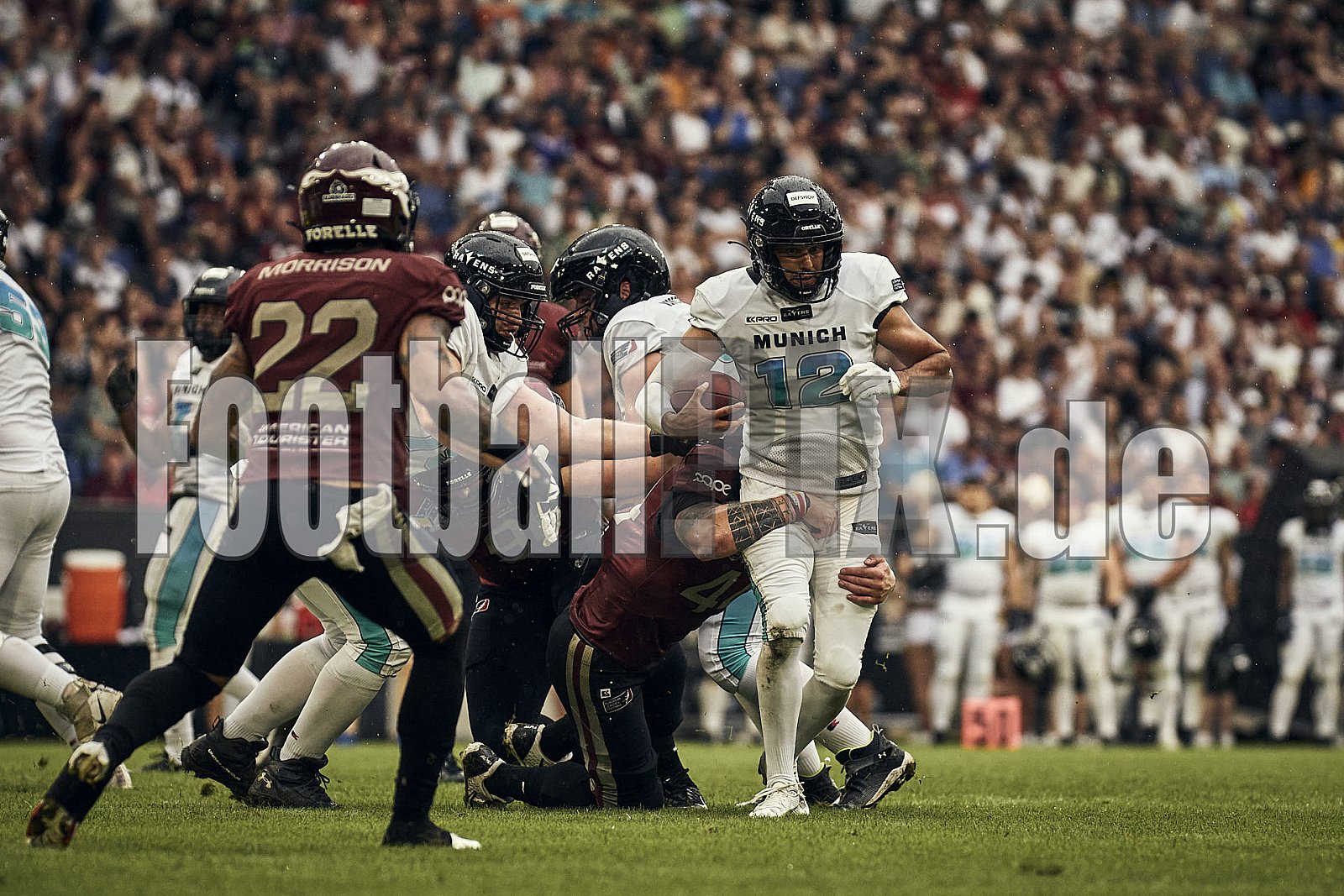 Die 6.Spielwoche der European League of Football (ELF) Season 2023 Rhein Fire vs. Munich Ravens am 09.07.2023 im Stadion Schauinsland-Reisen-Arena, Margaretenstraße 5-7, 47055 Duisburg. Punkte Endstand 39 : 25. 
Bildnummer: 2023-07-09_0681 - ELF MunichRavens@RheinFire