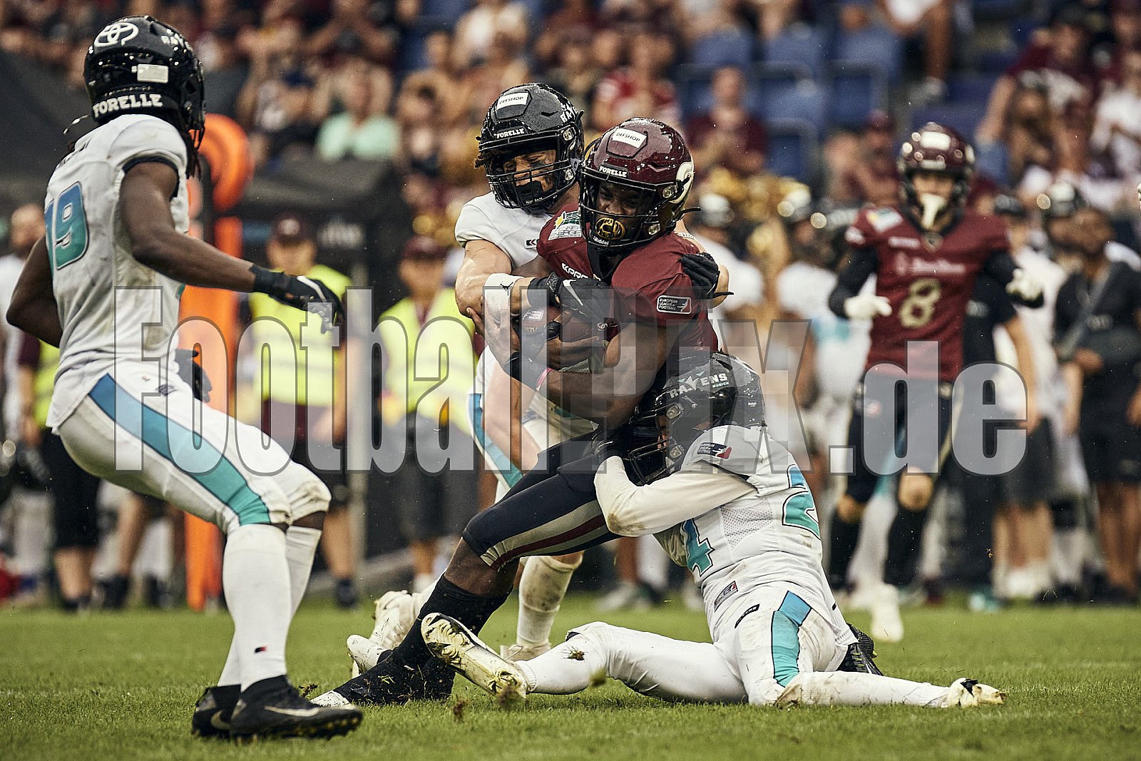 Die 6.Spielwoche der European League of Football (ELF) Season 2023 Rhein Fire vs. Munich Ravens am 09.07.2023 im Stadion Schauinsland-Reisen-Arena, Margaretenstraße 5-7, 47055 Duisburg. Punkte Endstand 39 : 25. 
Bildnummer: 2023-07-09_0706 - ELF MunichRavens@RheinFire