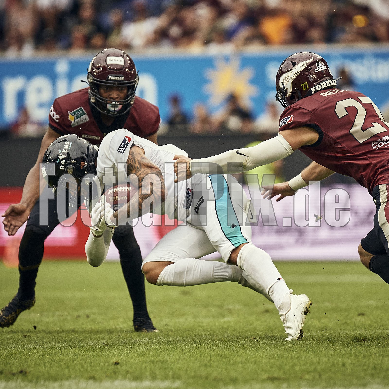 Die 6.Spielwoche der European League of Football (ELF) Season 2023 Rhein Fire vs. Munich Ravens am 09.07.2023 im Stadion Schauinsland-Reisen-Arena, Margaretenstraße 5-7, 47055 Duisburg. Punkte Endstand 39 : 25. 
Bildnummer: 2023-07-09_0740 - ELF MunichRavens@RheinFire