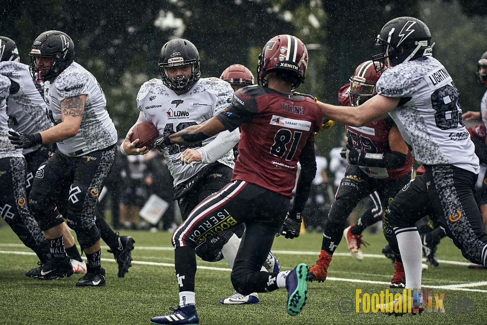 AFCV Landesliga NRW Season 2023 Iserlohn Titans vs. Lüdenscheid Lightnings am 5.08.2023 im Stadion inceptum-Stadion am Seilersee, Seeuferstraße 26, 58636 Iserlohn. Punkte Endstand 18 : 28. 
Bildnummer: 2023-08-05_0303 - IserlohnTitansVsLuedenscheidLightnings