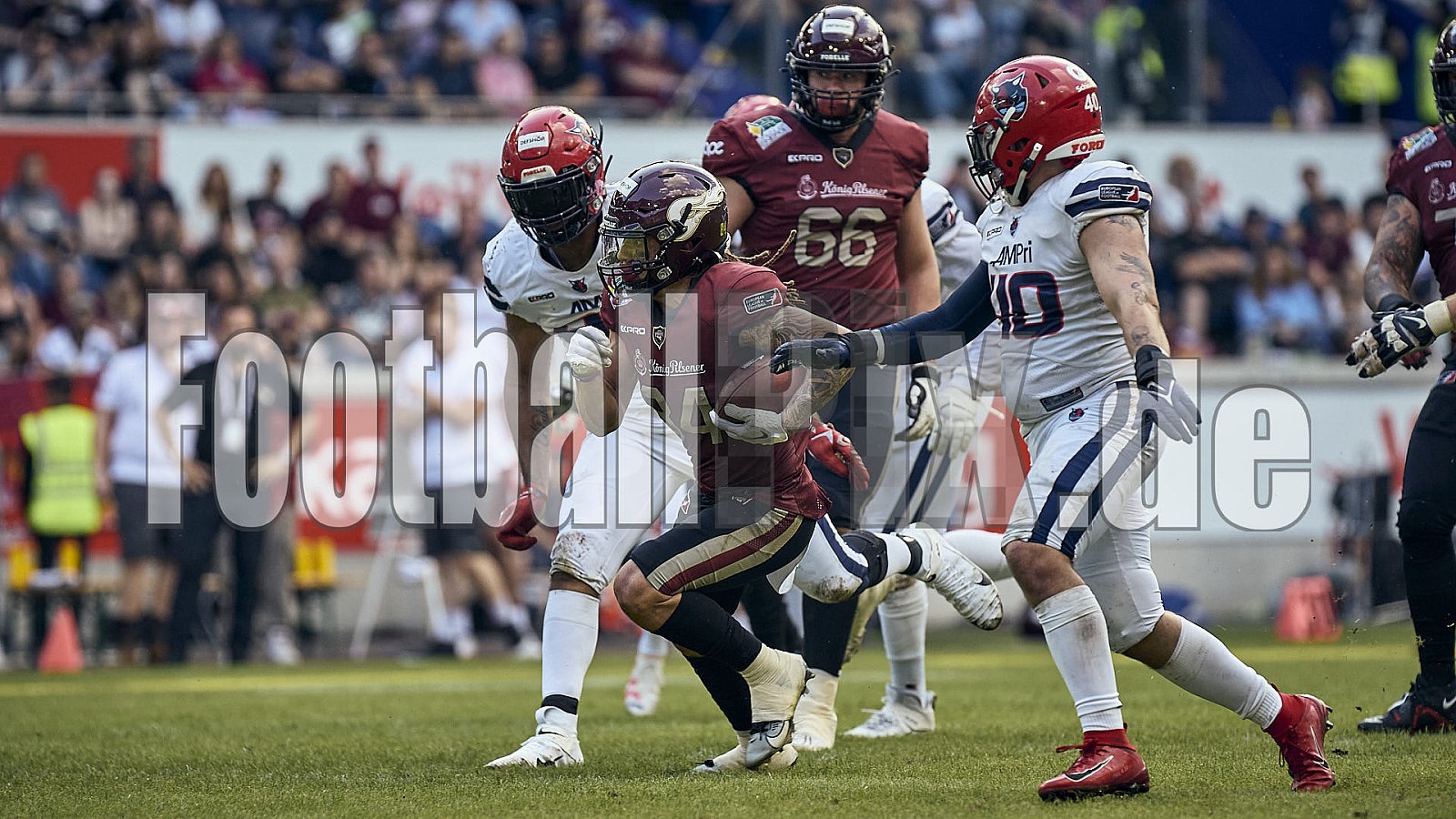 Die 11.Spielwoche der European League of Football (ELF) Season 2023 Rhein Fire vs. Hamburg Sea Devils am 13.08.2023 im Stadion Schauinsland-Reisen-Arena, Margaretenstraße 5-7, 47055 Duisburg. Punkte Endstand 40 : 9. 
Bildnummer: 2023-08-13_0738 - Elf HamburgSeaDevils@RheinFire