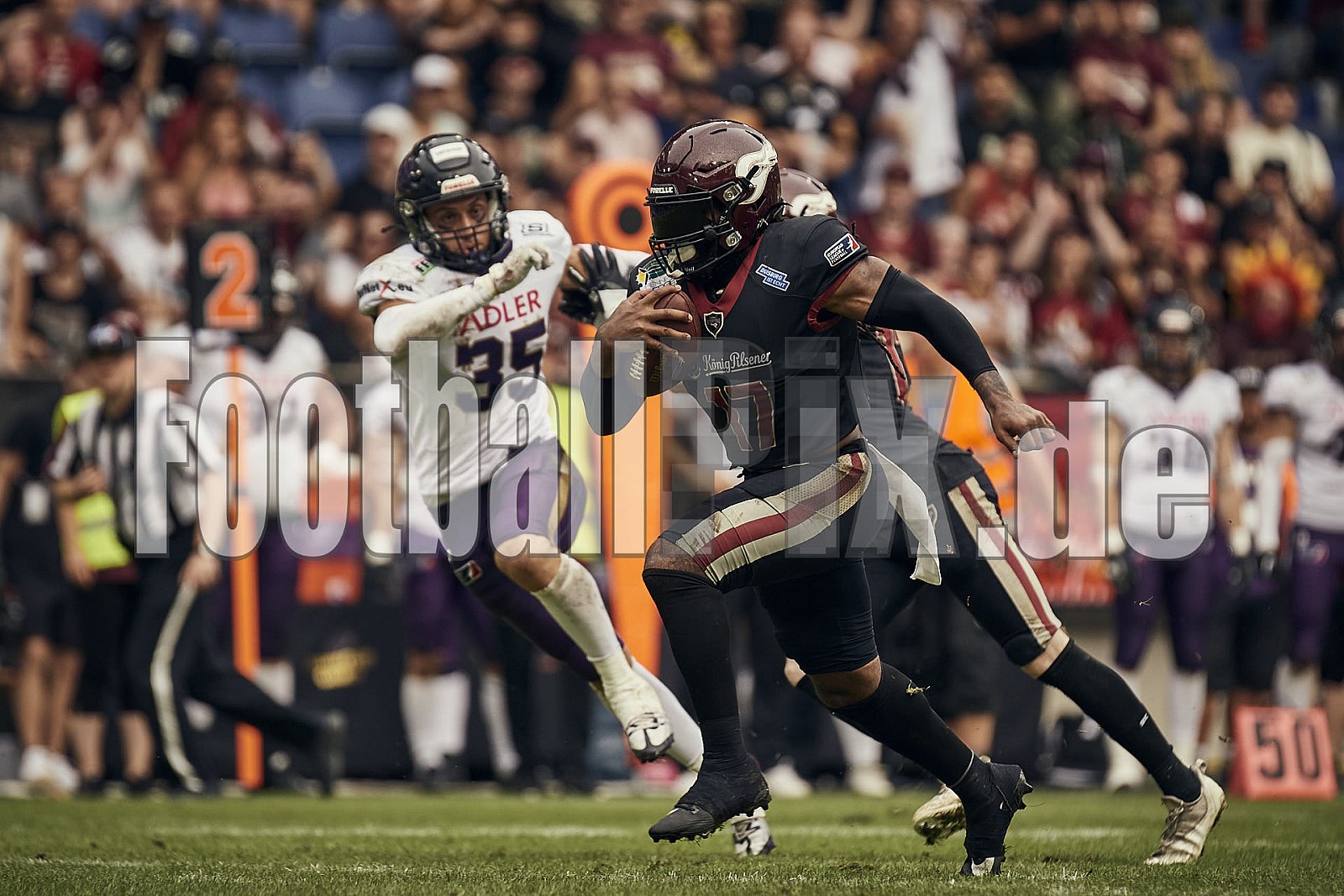 Das Halbfinale der European League of Football (ELF) Season 2023 Rhein Fire vs. Frankfurt Galaxy am 17.09.2023 im Stadion Schauinsland-Reisen-Arena, Margaretenstraße 5-7, 47055 Duisburg. Punkte Endstand 42 : 23. 
Bildnummer: 2023-09-17_1116 - FrankfurtGalaxy@RheinFire