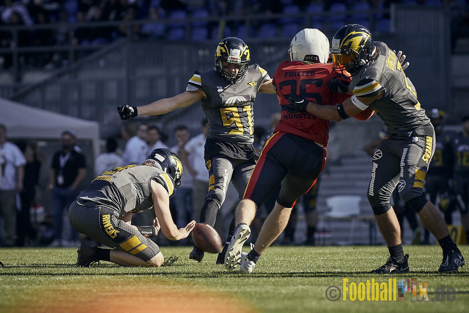 Spiel der AFCV Regionalliga NRW Season 2023 Krefeld Ravens vs. Münster Mammuts am 24.09.2023 im Stadion Grotenburgstadion, Tiergartenstraße, Bockum, Krefeld, North Rhine-Westphalia, 47800, Germany. Punkte Endstand 45 : 0. 
Bildnummer: 2023-09-24_0257 - KrefeldRavensVsMMammuts