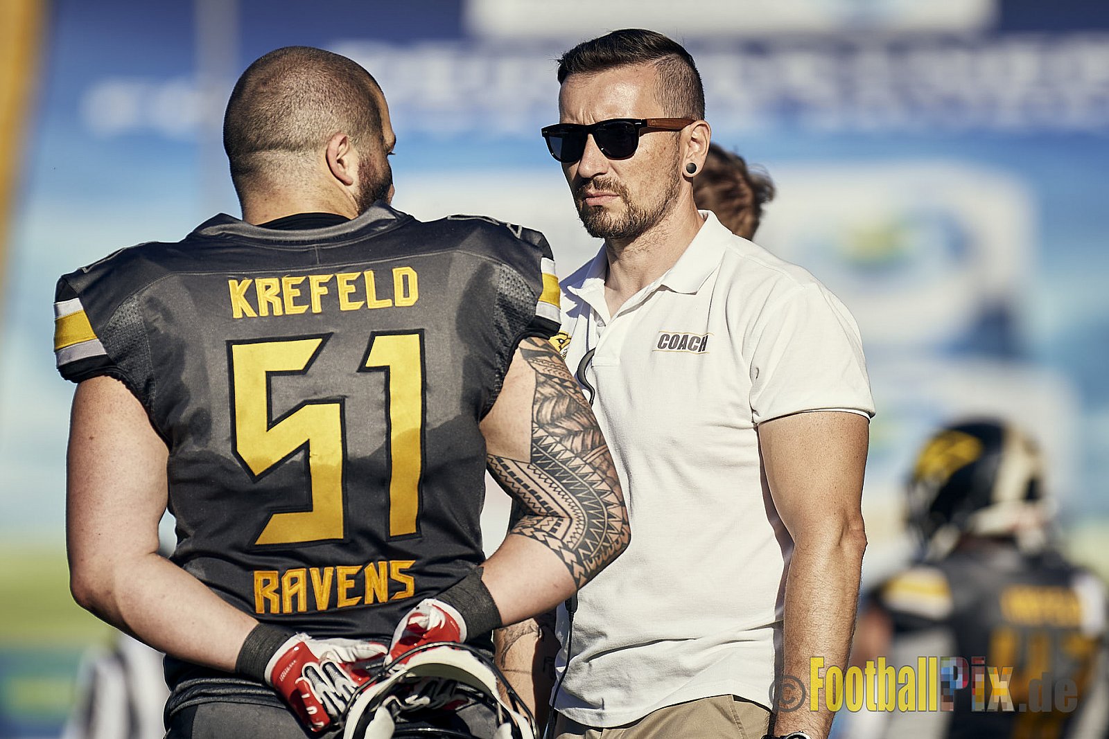 Spiel der AFCV Regionalliga NRW Season 2023 Krefeld Ravens vs. Münster Mammuts am 24.09.2023 im Stadion Grotenburgstadion, Tiergartenstraße, Bockum, Krefeld, North Rhine-Westphalia, 47800, Germany. Punkte Endstand 45 : 0. 
Bildnummer: 2023-09-24_0645 - KrefeldRavensVsMMammuts