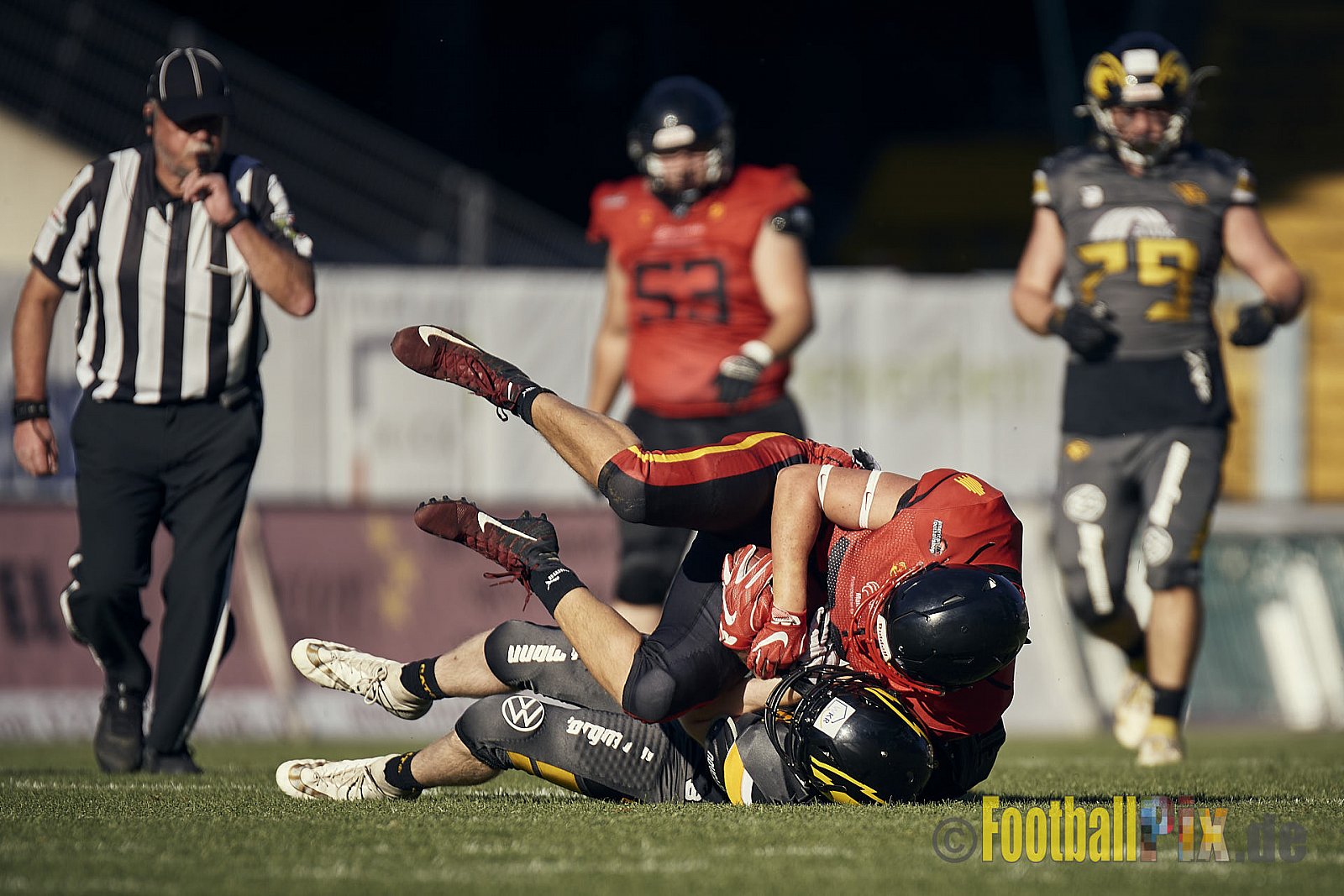 Spiel der AFCV Regionalliga NRW Season 2023 Krefeld Ravens vs. Münster Mammuts am 24.09.2023 im Stadion Grotenburgstadion, Tiergartenstraße, Bockum, Krefeld, North Rhine-Westphalia, 47800, Germany. Punkte Endstand 45 : 0. 
Bildnummer: 2023-09-24_0649 - KrefeldRavensVsMMammuts
