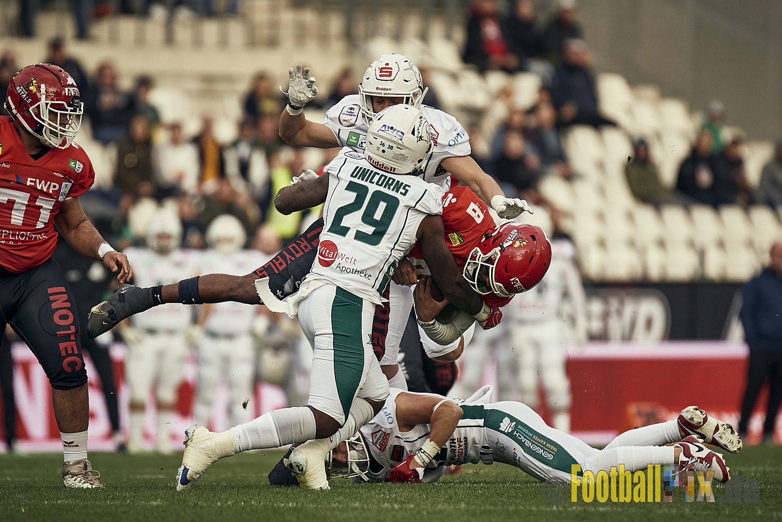 ERIMA GFL Bowl 2023 Potsdam Royals vs. Schwäbisch Hall Unicorns am 14.10.2023 im Stadion Hafenstraße, 45356 Essen. Die Potsdam Royals sind zum ersten Mal Deutscher Meister mit einem Punkte Endstand von 34 : 7. 
Bildnummer: 2023-10-14_0311 - GflBowl2023SchwaebischHallUnicornsVsPotsdamRoyals
