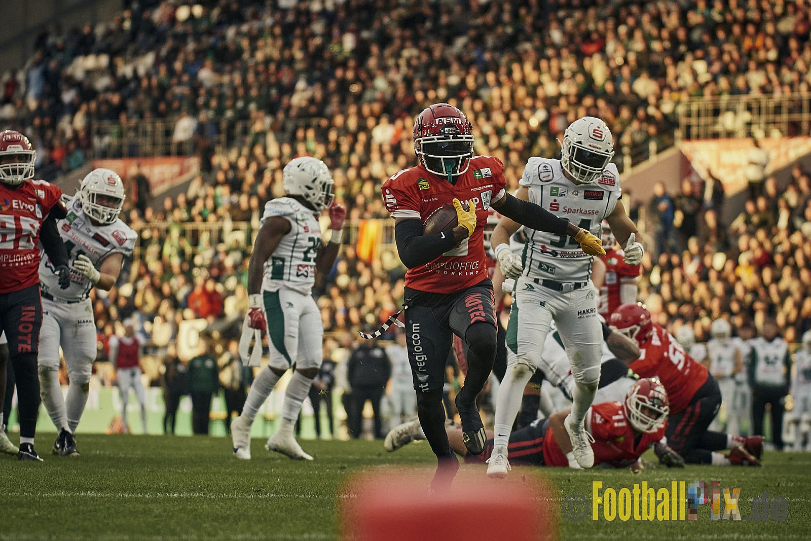 ERIMA GFL Bowl 2023 Potsdam Royals vs. Schwäbisch Hall Unicorns am 14.10.2023 im Stadion Hafenstraße, 45356 Essen. Die Potsdam Royals sind zum ersten Mal Deutscher Meister mit einem Punkte Endstand von 34 : 7. 
Bildnummer: 2023-10-14_0682 - GflBowl2023SchwaebischHallUnicornsVsPotsdamRoyals