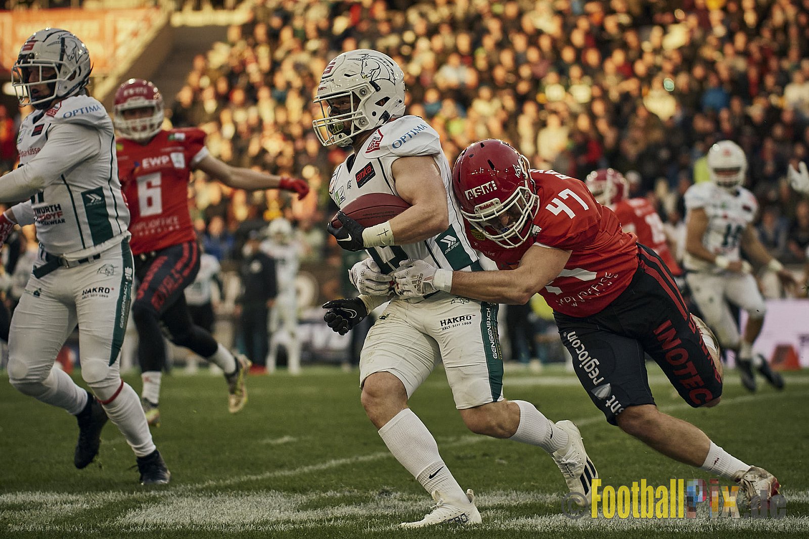 ERIMA GFL Bowl 2023 Potsdam Royals vs. Schwäbisch Hall Unicorns am 14.10.2023 im Stadion Hafenstraße, 45356 Essen. Die Potsdam Royals sind zum ersten Mal Deutscher Meister mit einem Punkte Endstand von 34 : 7. 
Bildnummer: 2023-10-14_0736 - GflBowl2023SchwaebischHallUnicornsVsPotsdamRoyals