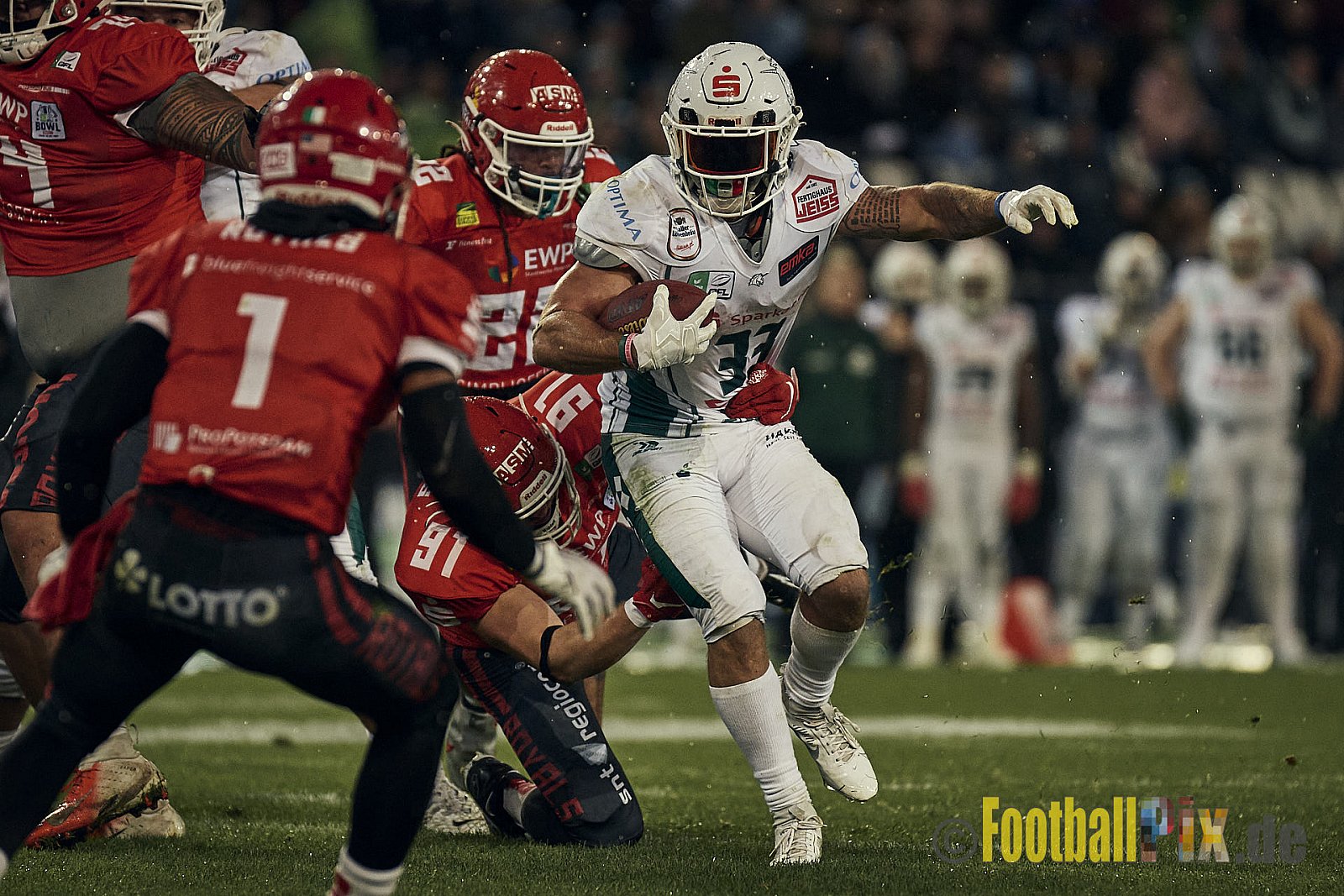 ERIMA GFL Bowl 2023 Potsdam Royals vs. Schwäbisch Hall Unicorns am 14.10.2023 im Stadion Hafenstraße, 45356 Essen. Die Potsdam Royals sind zum ersten Mal Deutscher Meister mit einem Punkte Endstand von 34 : 7. 
Bildnummer: 2023-10-14_0939 - GflBowl2023SchwaebischHallUnicornsVsPotsdamRoyals