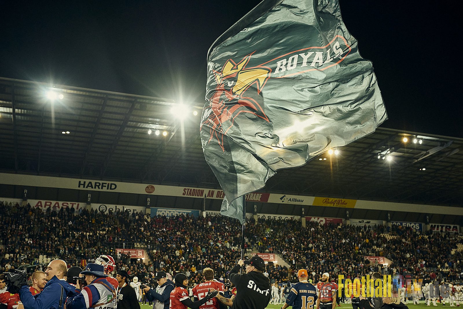 ERIMA GFL Bowl 2023 Potsdam Royals vs. Schwäbisch Hall Unicorns am 14.10.2023 im Stadion Hafenstraße, 45356 Essen. Die Potsdam Royals sind zum ersten Mal Deutscher Meister mit einem Punkte Endstand von 34 : 7. 
Bildnummer: 2023-10-14_0994 - GflBowl2023SchwaebischHallUnicornsVsPotsdamRoyals