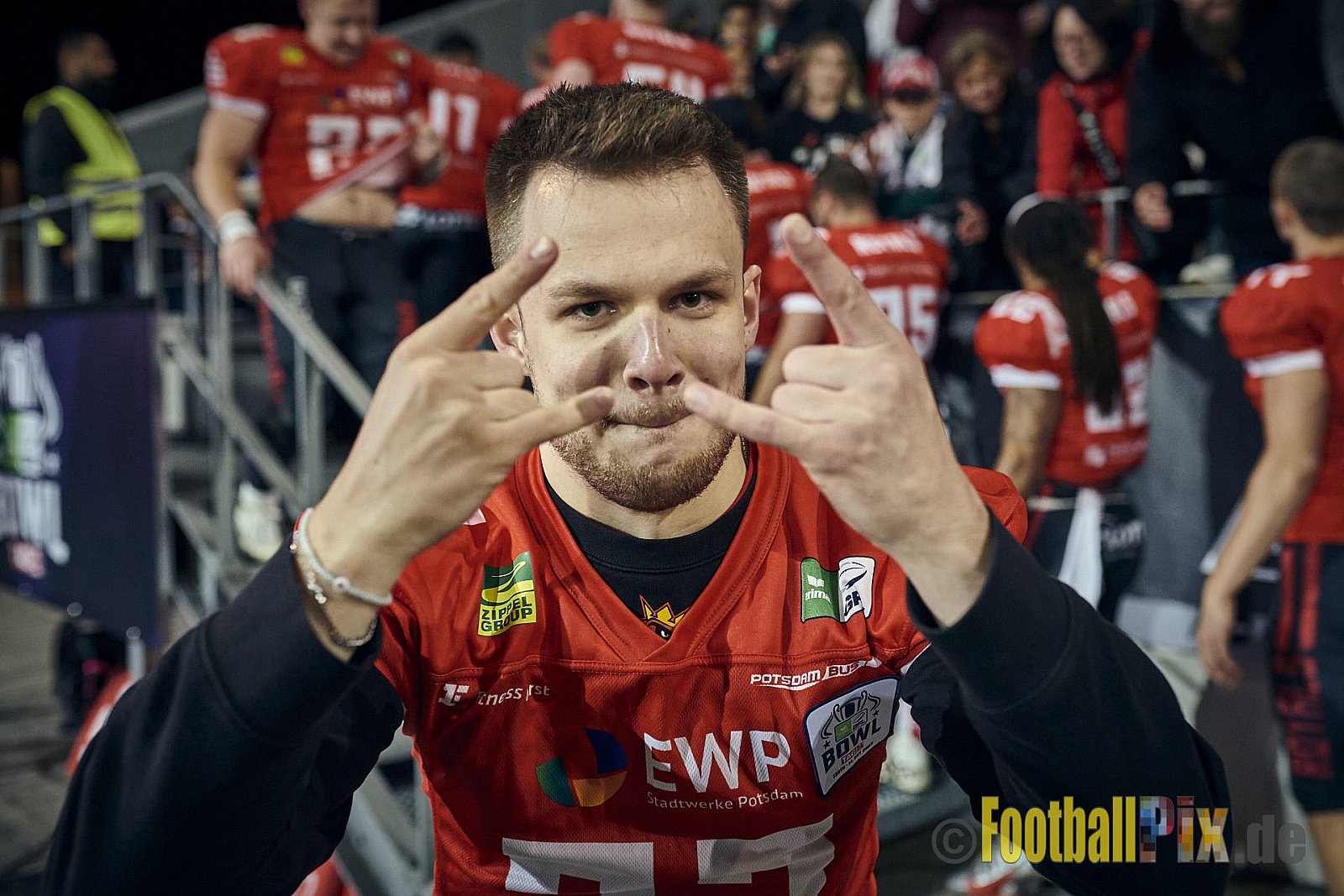 ERIMA GFL Bowl 2023 Potsdam Royals vs. Schwäbisch Hall Unicorns am 14.10.2023 im Stadion Hafenstraße, 45356 Essen. Die Potsdam Royals sind zum ersten Mal Deutscher Meister mit einem Punkte Endstand von 34 : 7. 
Bildnummer: 2023-10-14_1073 - GflBowl2023SchwaebischHallUnicornsVsPotsdamRoyals