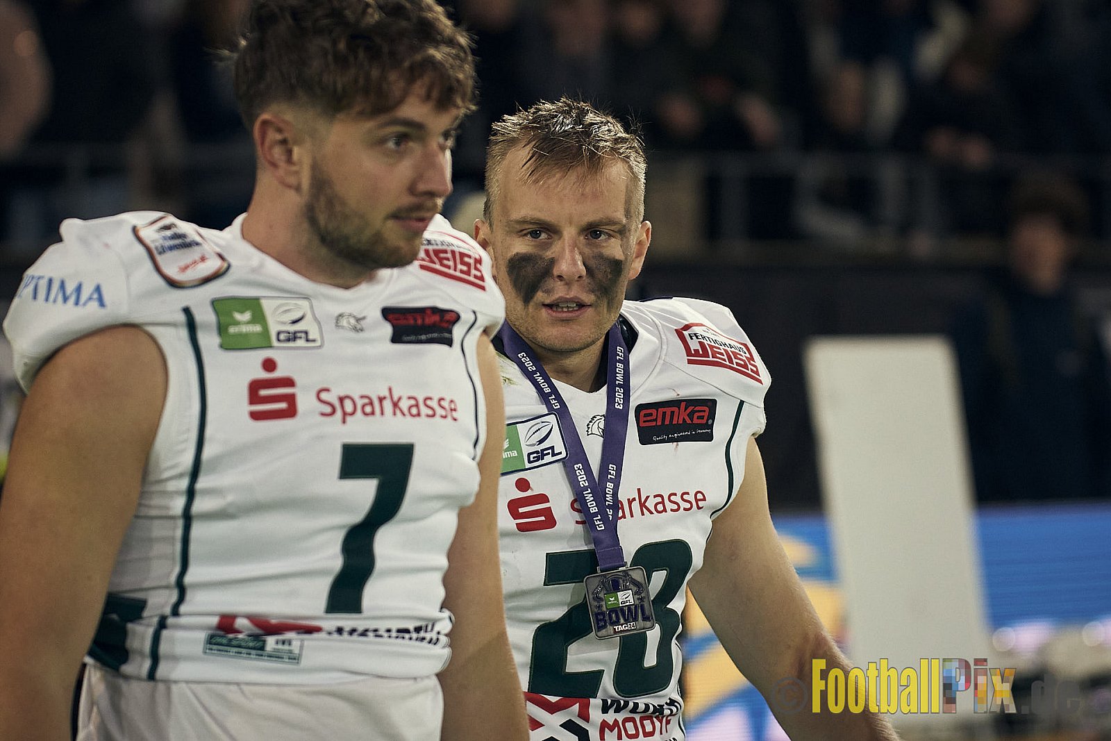 ERIMA GFL Bowl 2023 Potsdam Royals vs. Schwäbisch Hall Unicorns am 14.10.2023 im Stadion Hafenstraße, 45356 Essen. Die Potsdam Royals sind zum ersten Mal Deutscher Meister mit einem Punkte Endstand von 34 : 7. 
Bildnummer: 2023-10-14_1134 - GflBowl2023SchwaebischHallUnicornsVsPotsdamRoyals