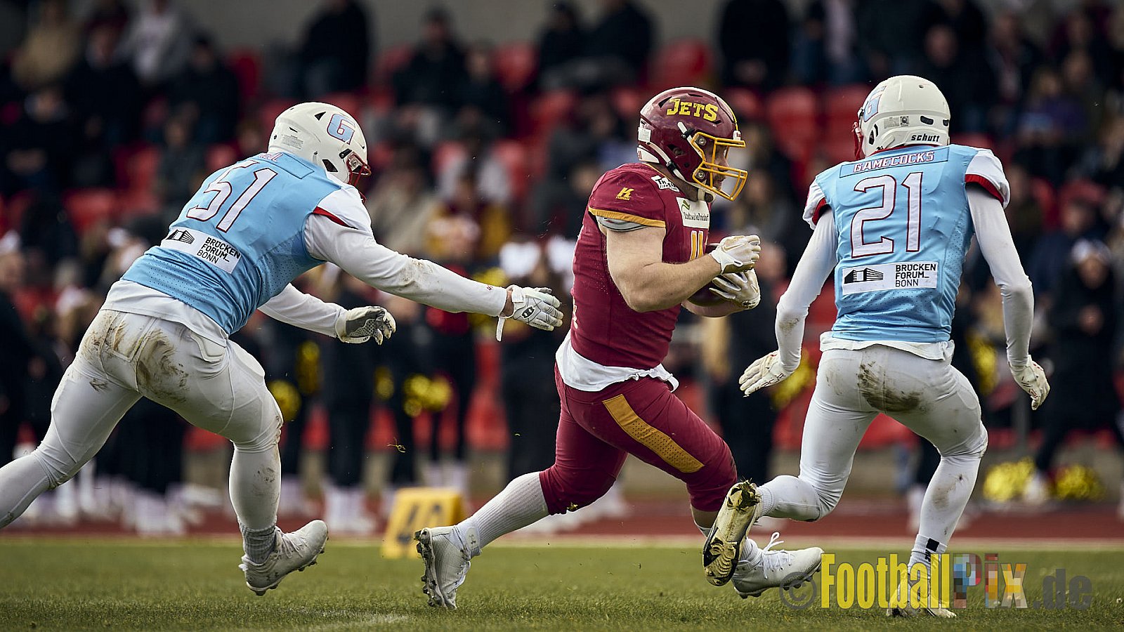 Spiel der Regionalliga AFCV NRW Season 2024 Troisdorf Jets vs. Bonn Gamecocks am 21.04.2024 im Aggerstadion Troisdorf, Punkte Endstand 28 : 07.
[Bildnummer: 2024-04-21_066] - TroisdorfJetsVsBonnGamecocks