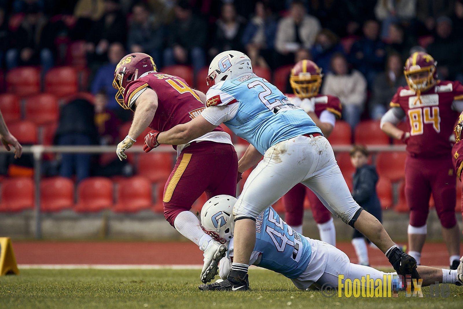 Spiel der Regionalliga AFCV NRW Season 2024 Troisdorf Jets vs. Bonn Gamecocks am 21.04.2024 im Aggerstadion Troisdorf, Punkte Endstand 28 : 07.
[Bildnummer: 2024-04-21_115] - TroisdorfJetsVsBonnGamecocks