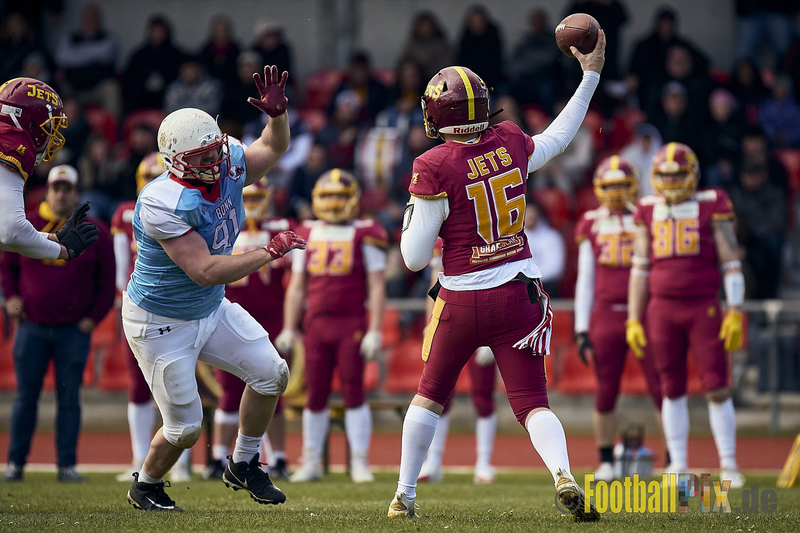 Spiel der Regionalliga AFCV NRW Season 2024 Troisdorf Jets vs. Bonn Gamecocks am 21.04.2024 im Aggerstadion Troisdorf, Punkte Endstand 28 : 07.
[Bildnummer: 2024-04-21_123] - TroisdorfJetsVsBonnGamecocks