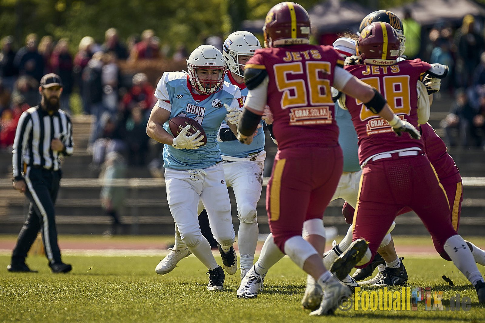 Spiel der Regionalliga AFCV NRW Season 2024 Troisdorf Jets vs. Bonn Gamecocks am 21.04.2024 im Aggerstadion Troisdorf, Punkte Endstand 28 : 07.
[Bildnummer: 2024-04-21_152] - TroisdorfJetsVsBonnGamecocks