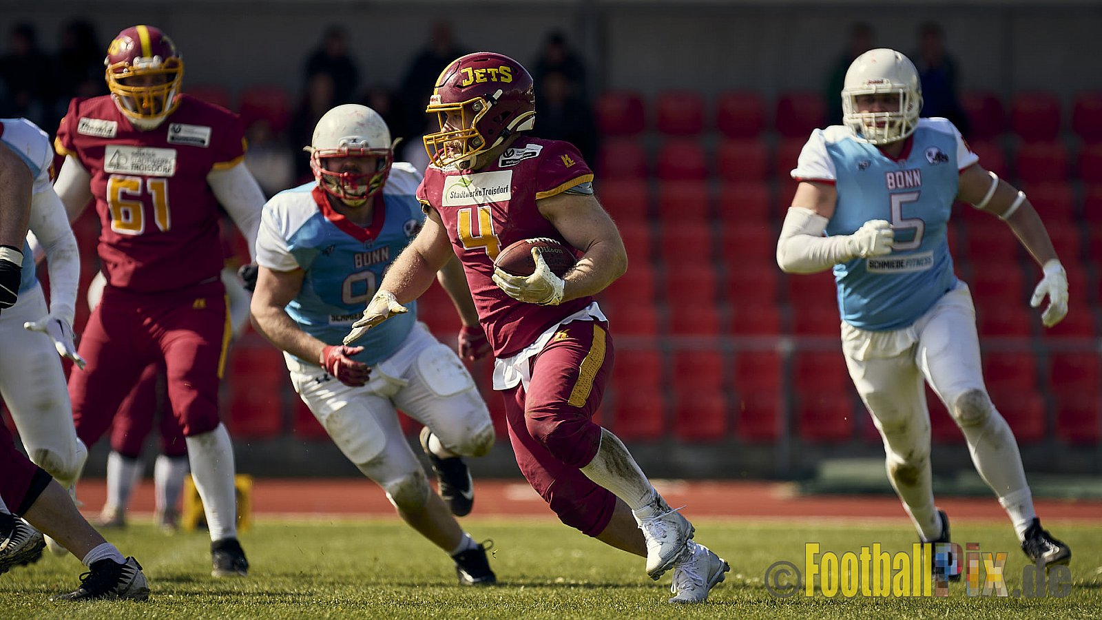 Spiel der Regionalliga AFCV NRW Season 2024 Troisdorf Jets vs. Bonn Gamecocks am 21.04.2024 im Aggerstadion Troisdorf, Punkte Endstand 28 : 07.
[Bildnummer: 2024-04-21_167] - TroisdorfJetsVsBonnGamecocks