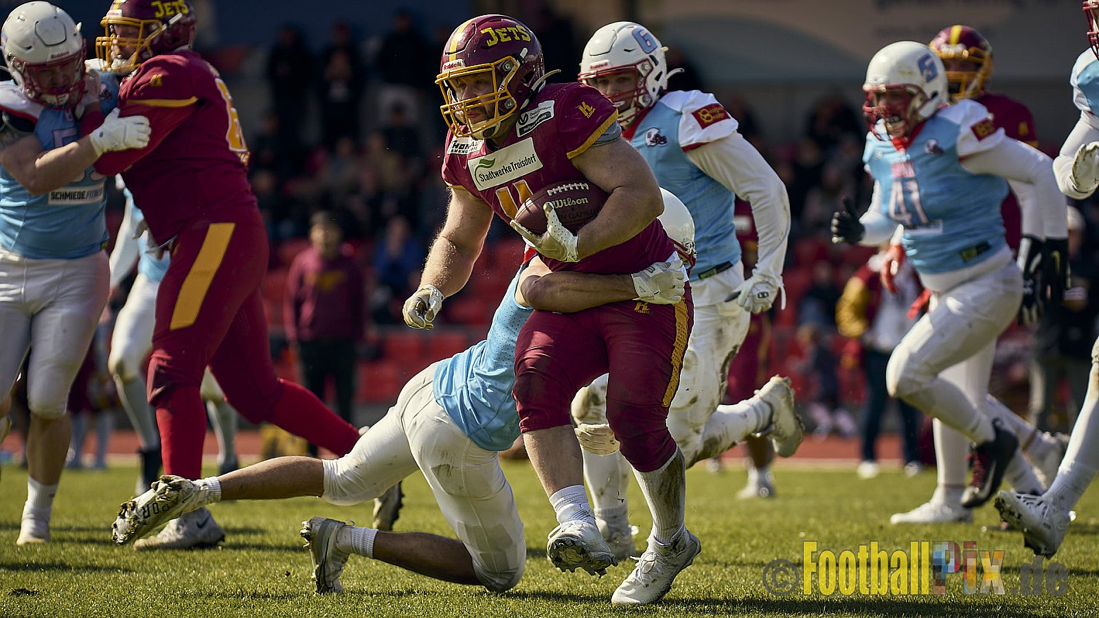 Spiel der Regionalliga AFCV NRW Season 2024 Troisdorf Jets vs. Bonn Gamecocks am 21.04.2024 im Aggerstadion Troisdorf, Punkte Endstand 28 : 07.
[Bildnummer: 2024-04-21_176] - TroisdorfJetsVsBonnGamecocks