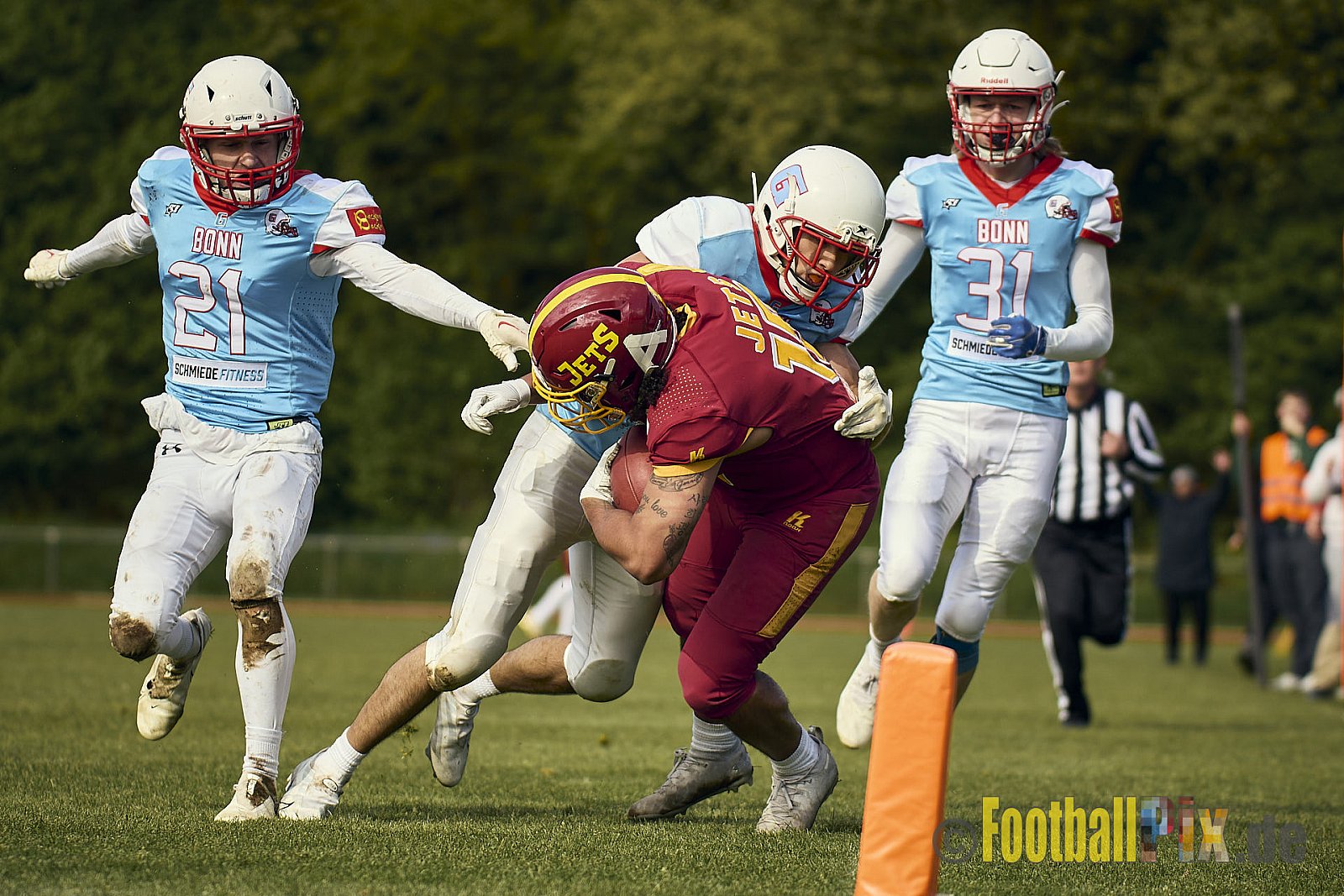 Spiel der Regionalliga AFCV NRW Season 2024 Troisdorf Jets vs. Bonn Gamecocks am 21.04.2024 im Aggerstadion Troisdorf, Punkte Endstand 28 : 07.
[Bildnummer: 2024-04-21_316] - TroisdorfJetsVsBonnGamecocks
