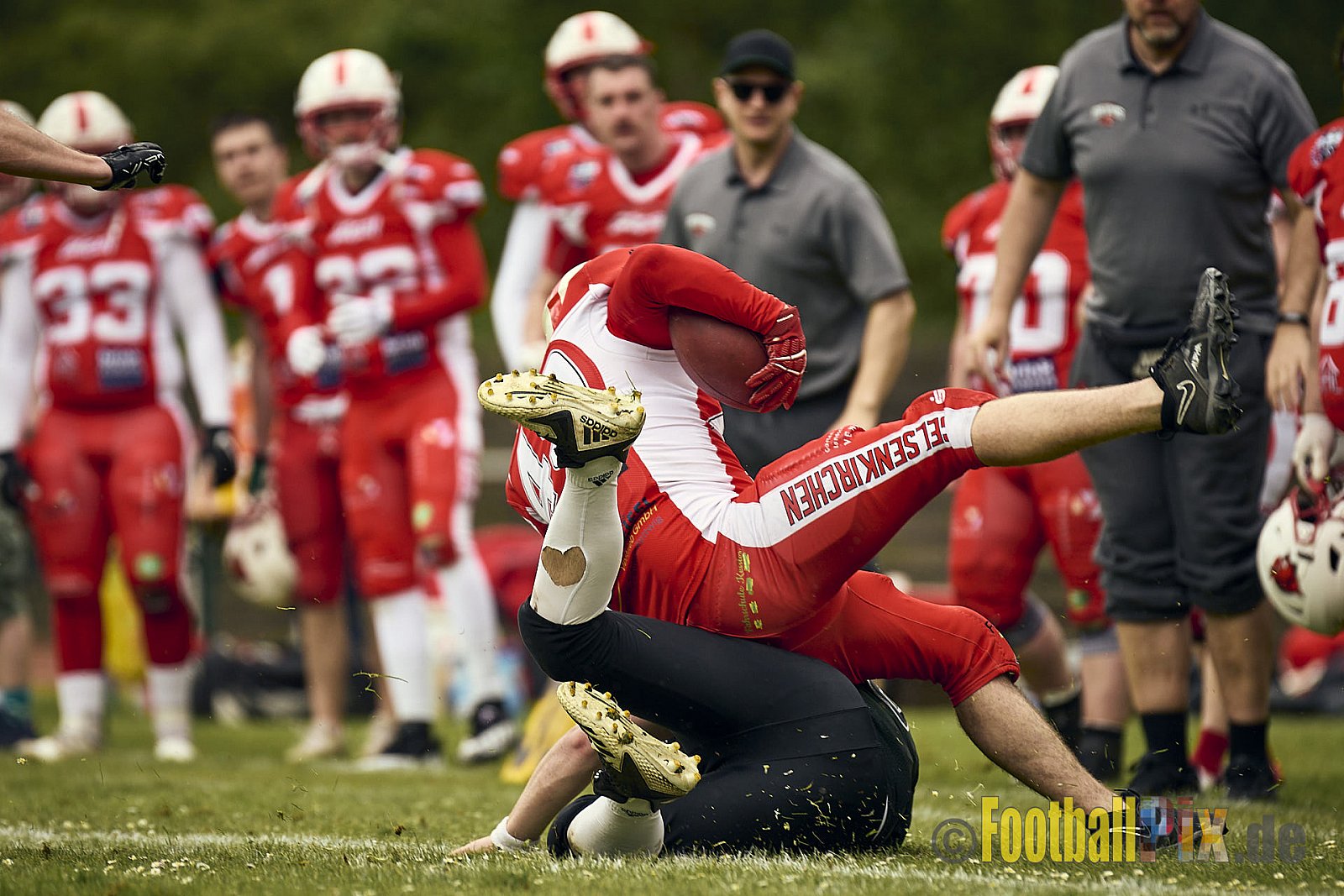 AFCV Verbandsliga Season 2024 Rheine Raptors vs. Gelsenkirchen Devils am 28.04.2024 im Jahnstadion, Schützenstraße, 48429 Rheine, Punkte Endstand 28 : 31.
[Bildnummer: 2024-04-28_0375] - RheineRaptorsVsGelsenkirchenDevils