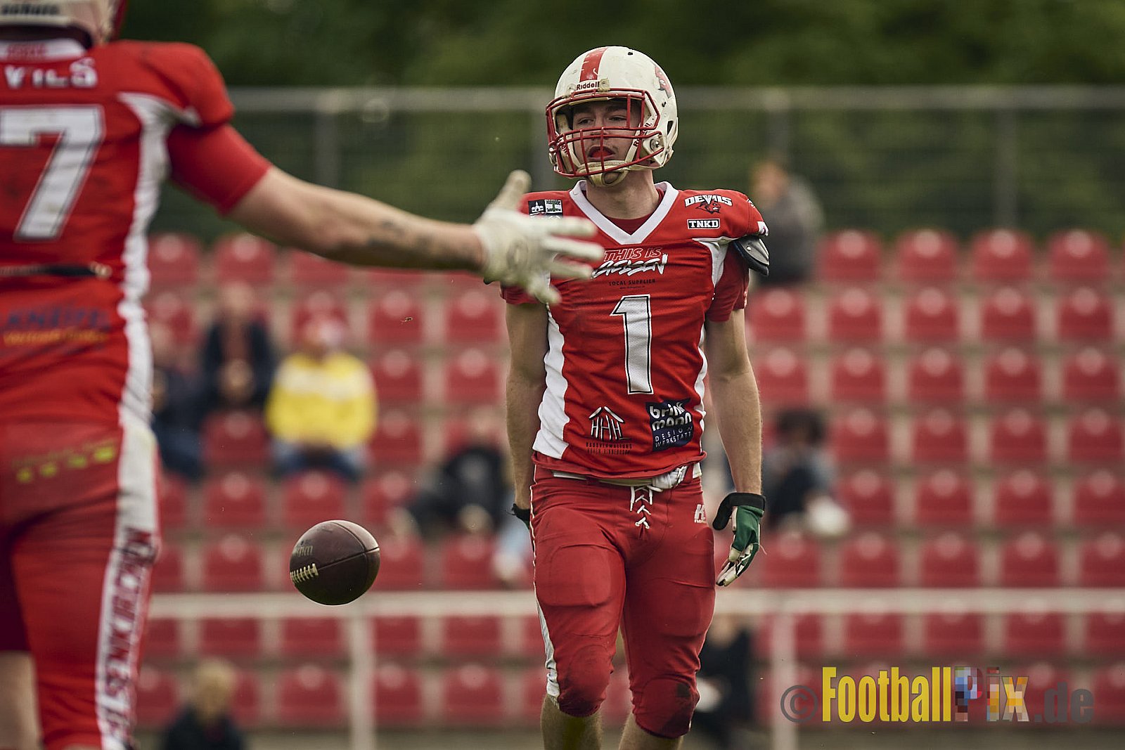AFCV Verbandsliga Season 2024 Rheine Raptors vs. Gelsenkirchen Devils am 28.04.2024 im Jahnstadion, Schützenstraße, 48429 Rheine, Punkte Endstand 28 : 31.
[Bildnummer: 2024-04-28_0487] - RheineRaptorsVsGelsenkirchenDevils