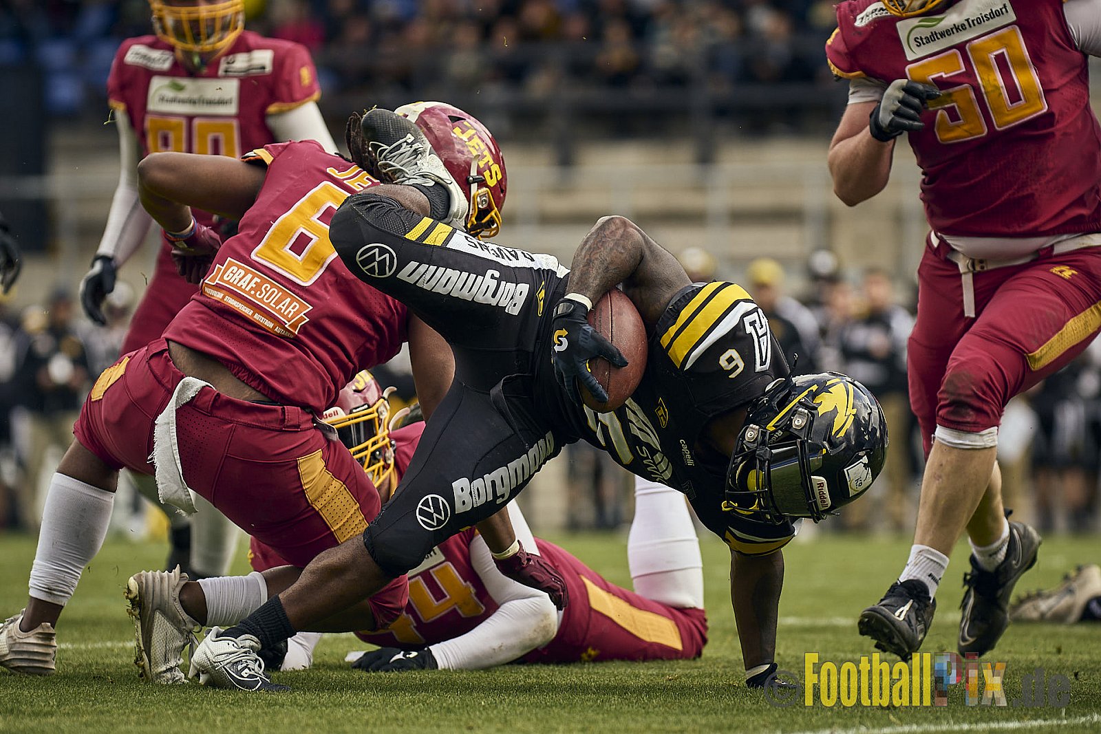 AFCV Regionalliga Season 2024 Krefeld Ravens vs. Troisdorf Jets am 05.05.2024 im Stadion Grotenburg, Tiergartenstraße 165, 47800 Krefeld, Punkte Endstand 46 : 14.
[Bildnummer: 2024-05-05_0419] - KrefeldRavensVsTroisdorfJets