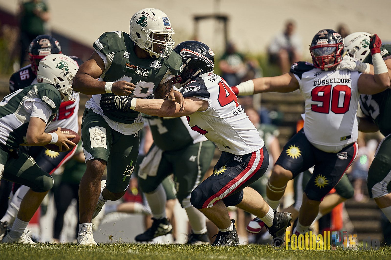GFL2 Season 2024 Düsseldorf Panther vs. Bielefeld Bulldogs am 09.06.2024 im Bezirks Sportanlage Benrath, Nürnberger Straße, Benrath, Stadtbezirk 9, Dusseldorf, North Rhine – Westphalia, 40599, Germany. Punkte Endstand 30 : 0. - DPantherVsBielefeldBulldogs