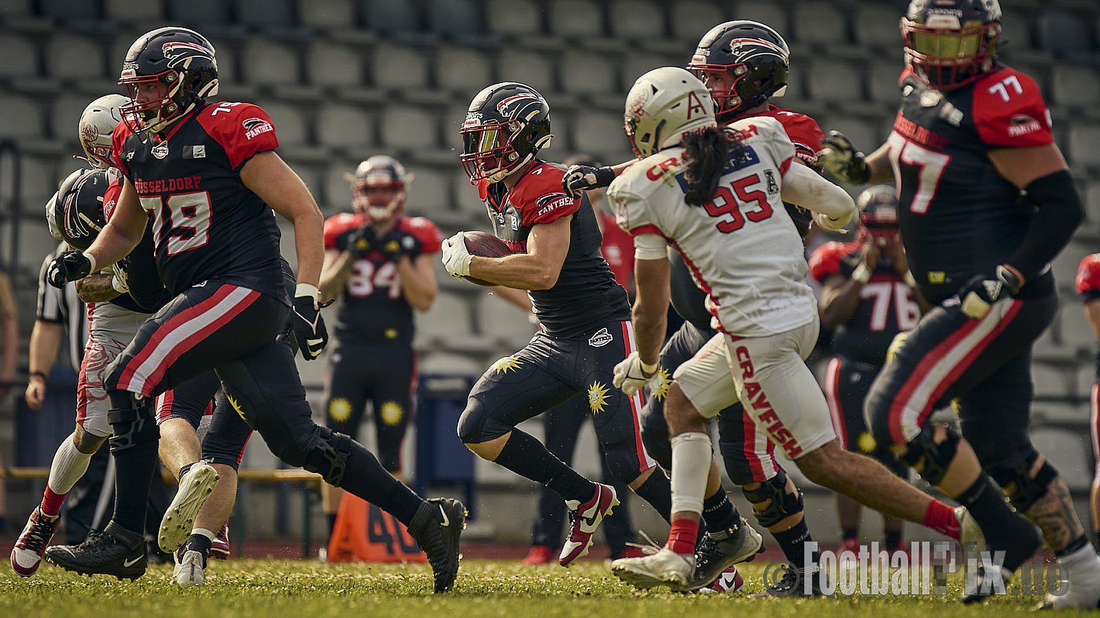 GFL2 Season 2024 Düsseldorf Panther vs. Cottbus Crayfish am 29.06.2024 im Bezirks Sportanlage Benrath, Nürnberger Straße, Benrath, Stadtbezirk 9, Dusseldorf, North Rhine-Westphalia, 40599, Germany. Punkte Endstand 64 : 0. - DPantherVsCottbusCrayfish