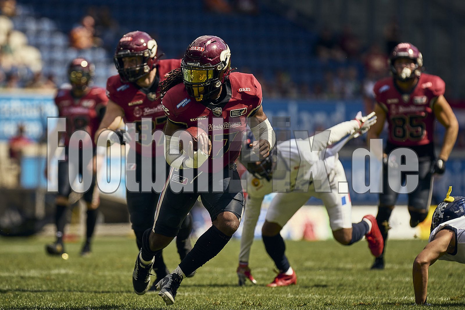 10.Spielwoche der European League of Football (ELF) Season 2024 Paris Musketeers at Rhein Fire am 28.07.2024 im Stadion Schauinsland-Reisen-Arena, Margaretenstraße 5-7, 47055 Duisburg. Spiel Endstand 06 : 38. Bildnummer: 2024-07-28_0700 - Elf ParisMusketeersAtRheinFire