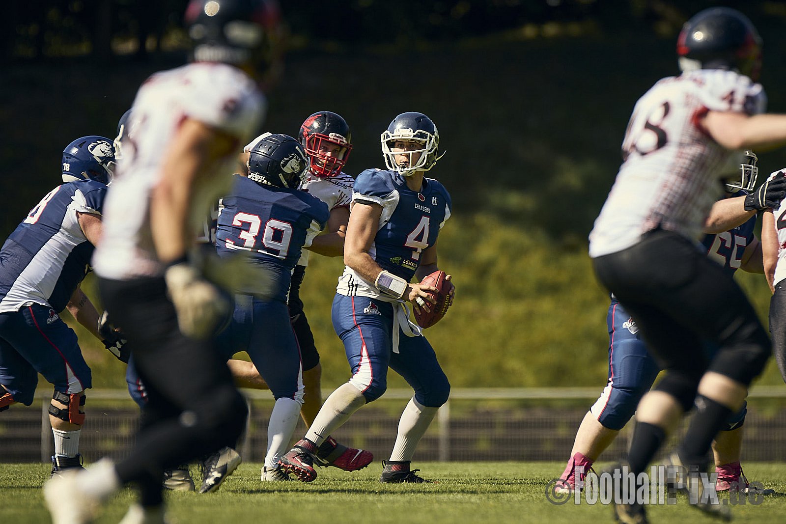 AFCV Verbandsliga NRW Season 2024 Recklinghausen Chargers vs. Siegen Sentinels am 24.08.2024 im Stadion Hohenhorst, Recklinghausen, Punkte Endstand 4 : 7.
[Bildnummer: 2024-08-24_0162] - RecklinghausenChargersVsSiegenSentinels