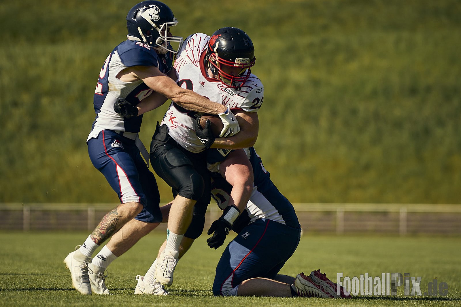 AFCV Verbandsliga NRW Season 2024 Recklinghausen Chargers vs. Siegen Sentinels am 24.08.2024 im Stadion Hohenhorst, Recklinghausen, Punkte Endstand 4 : 7.
[Bildnummer: 2024-08-24_0347] - RecklinghausenChargersVsSiegenSentinels
