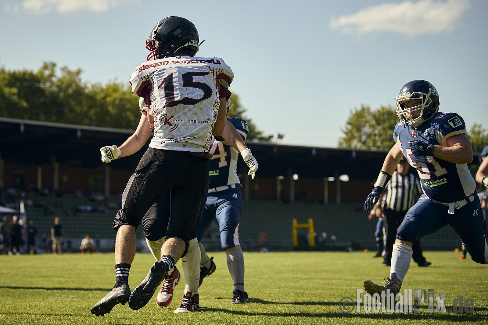 AFCV Verbandsliga NRW Season 2024 Recklinghausen Chargers vs. Siegen Sentinels am 24.08.2024 im Stadion Hohenhorst, Recklinghausen, Punkte Endstand 4 : 7.
[Bildnummer: 2024-08-24_0365] - RecklinghausenChargersVsSiegenSentinels